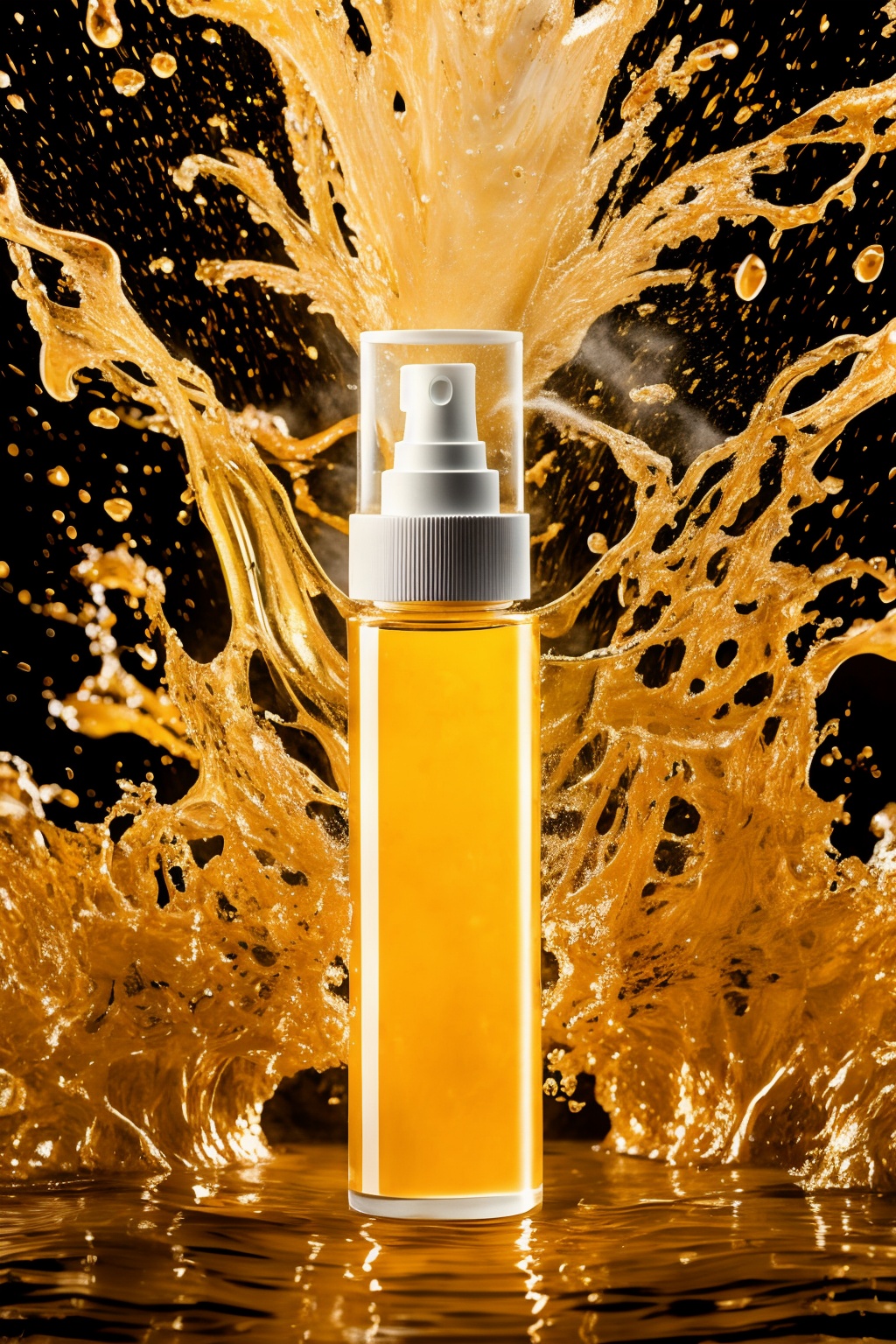 product photography,A white spray bottle stands amidst a golden-hued liquid,which seems to be in the midst of a dramatic splash or eruption. The liquid's texture is fluid and wavy,creating a dynamic and visually captivating scene. The background is bathed in a soft,warm light,which accentuates the details and adds depth to the image,, masterpiece,best quality,