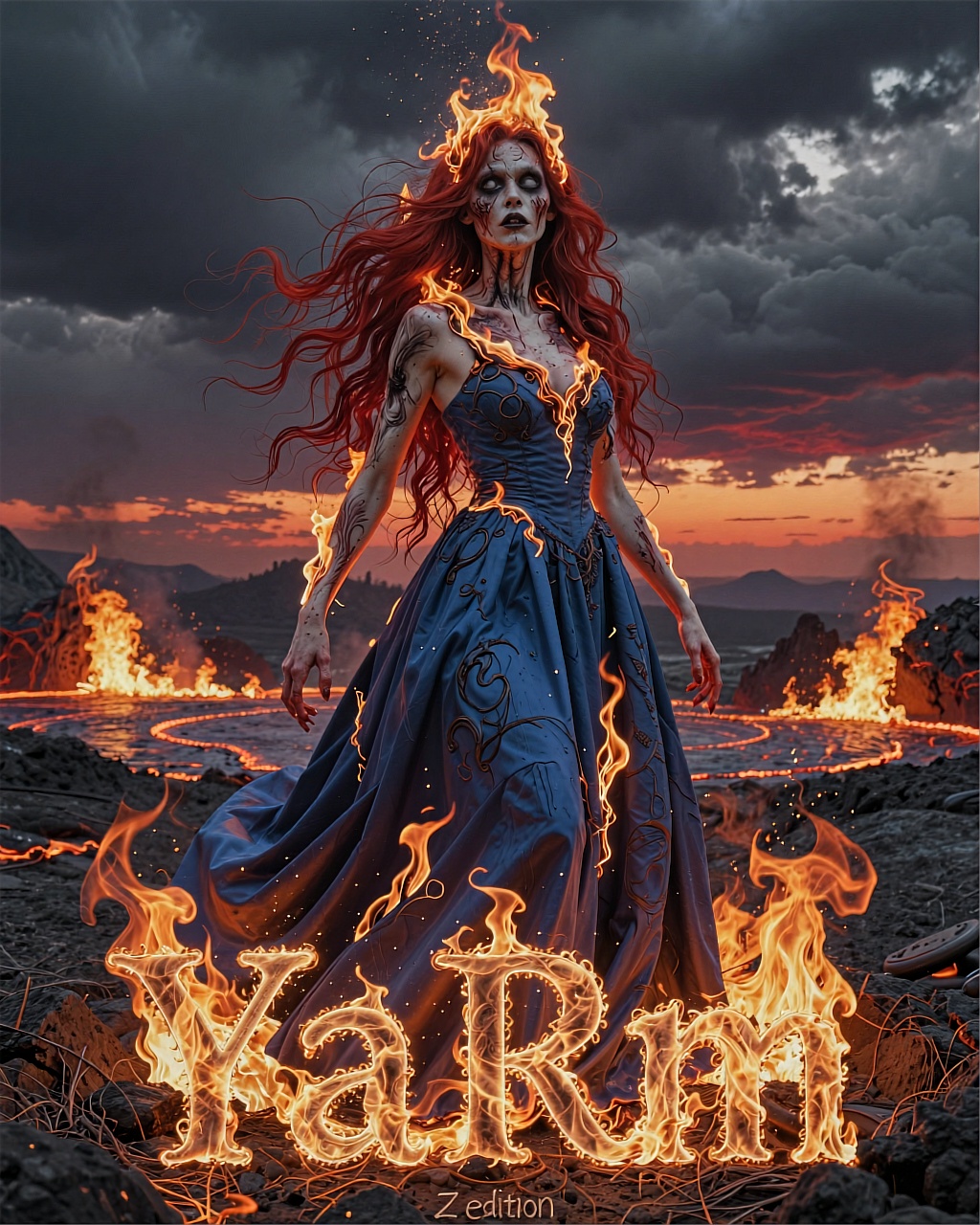 This high resolution photography depicts a surreal and fiery scene set against a dramatic,  apocalyptic landscape. The cen...
