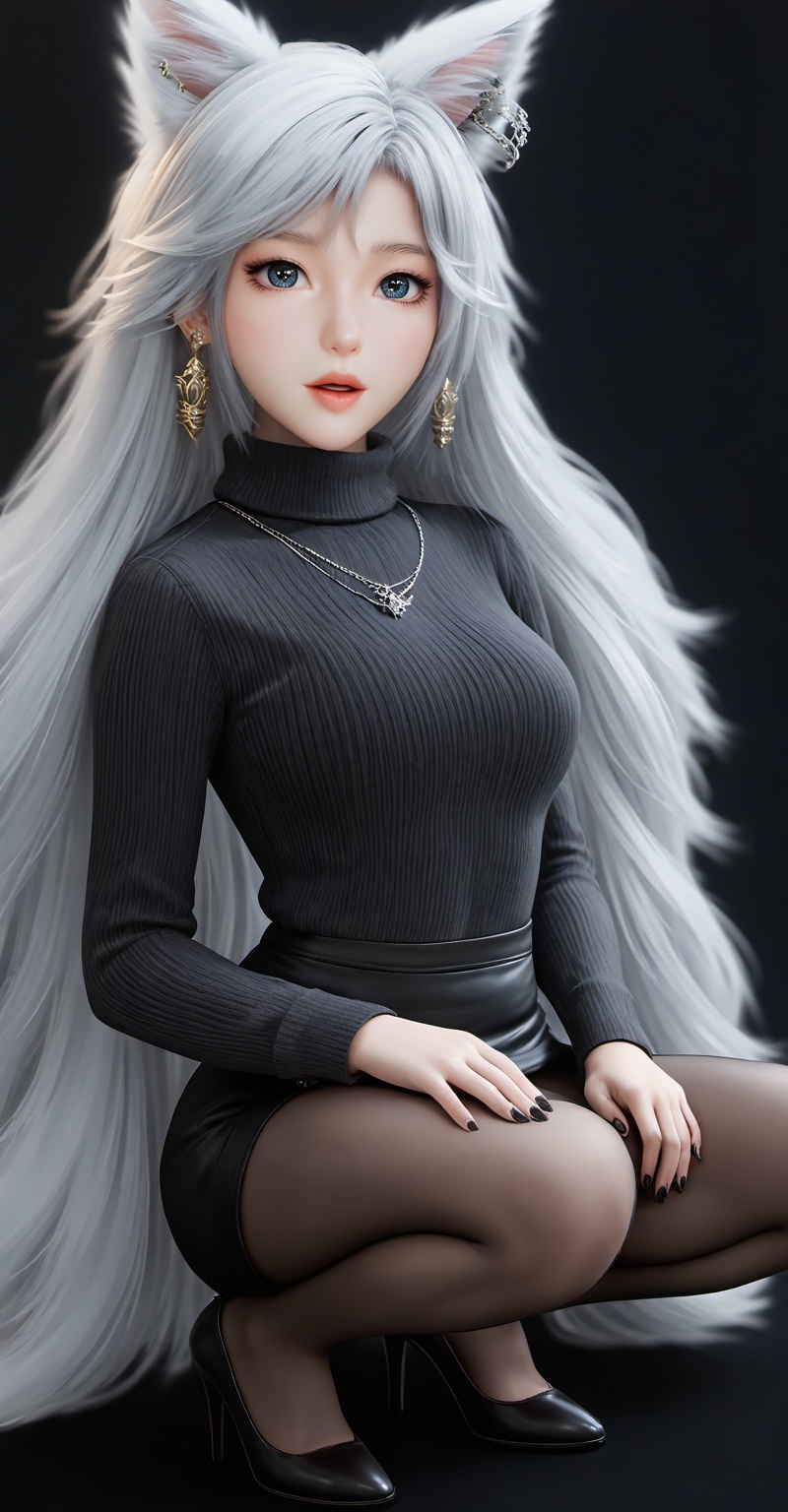 Close-up details,outstanding style,adding a touch of dimension to your images without compromising details,<lora:银月XL:0.8>,yinyue,white hair,fake animal ears,fox_ears,blue eyes,fair_skin,long hair,jewelry,earrings,1girl,solo,pantyhose,high heels,looking at viewer,black footwear,squatting,sweater,quad tails,full body,parted lips,black sweater,earrings,signature,black nails,long sleeves,parted bangs,jewelry,pencil skirt,skirt,bangs,turtleneck,nail polish,black pantyhose,dress,(Black background:1.2),simple background,whirls of vapor,iridescent textures,(Anime:1.1),soft neon light,ethereal ambiance,delicate details,magical atmosphere,concept art,highly detailed,ultra-high resolution,32K UHD,sharp focus,best-quality,masterpiece,golden hour,unconventional supreme masterpiece,masterful details,temperate atmosphere,in the style of fashion photography,cover,Dynamic Angle,with a high-end texture,Dynamic posture,