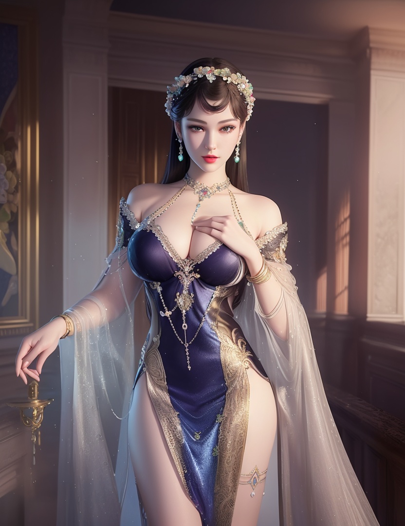 ultra realistic 8k cg, picture-perfect face, flawless, clean, masterpiece, professional artwork, famous artwork, cinematic lighting, cinematic bloom, perfect face, beautiful face, fantasy, dreamlike, unreal, science fiction,  beautiful clothes, lace, lace trim, lace-trimmed legwear,  (rich:1.4), prestige, luxury, jewelry, diamond, gold, pearl, gem, sapphire, ruby, emerald, intricate detail, delicate pattern, charming, alluring, seductive, erotic, enchanting, hair ornament, necklace, earrings, bracelet, armlet,halo((,1girl, pov,))(((,  1girl,  solo,looking at viewer, ))),(((1girl, solo, dress, jewelry,large breasts, )))<lora:DA_WhiteSnakeGreenSnake:0.7>
