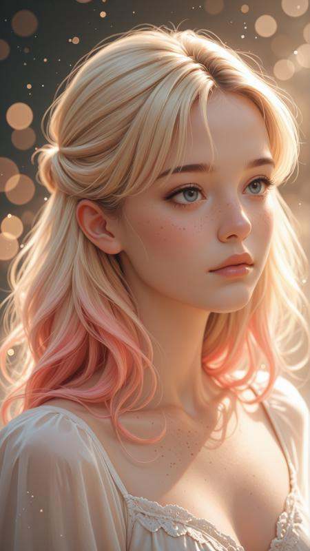 masterpiece, detailed_eyes, high_quality, best_quality, highres, subject_focus, depth_of_field, realistic_body,1woman, dreamy, soft_bokeh_effect, natural_sunlight, gentle_breeze_effect,  face_focus, full_body_view, soft_angle, radiant_expression, multicolored_hair, pink_hair, blonde_hair, hair_over_eye, bangs, half_updo, freckles,delicate_light_particles, vintage, inspired, soft