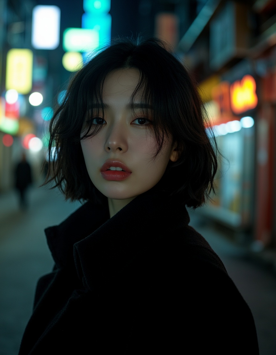 (photorealistic:1.28),A cinematic photography style image with a 2:3 ratio. An Asian woman,in her twenties,is donned in a black windcoat on a bustling metropolitan street at night. The atmosphere is perilous and taut. High-contrast shadows bestow a mysterious allure. Her expression is fraught with nervousness,and her short black hair is somewhat tousled. Her pale lips tremble slightly. The street lights cast elongated,ghostly shadows. The details are ultra-high,and the resolution is razor-sharp. The composition is a tunnel,highlighting the profound depth and narrow confinement of the street,collarbone,smile,