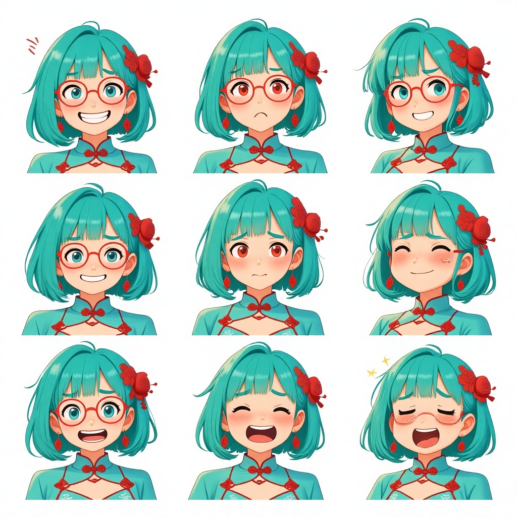 Create a 9-grid emoji pack featuring the girl with aqua blue bob hair,  red-framed glasses,  red floral hair accessories o...