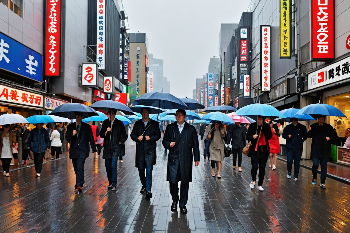 People with umbrellas are busy moving about in Dotombori,  Osaka,  where it is raining very heavily.Very thick raindrops f...