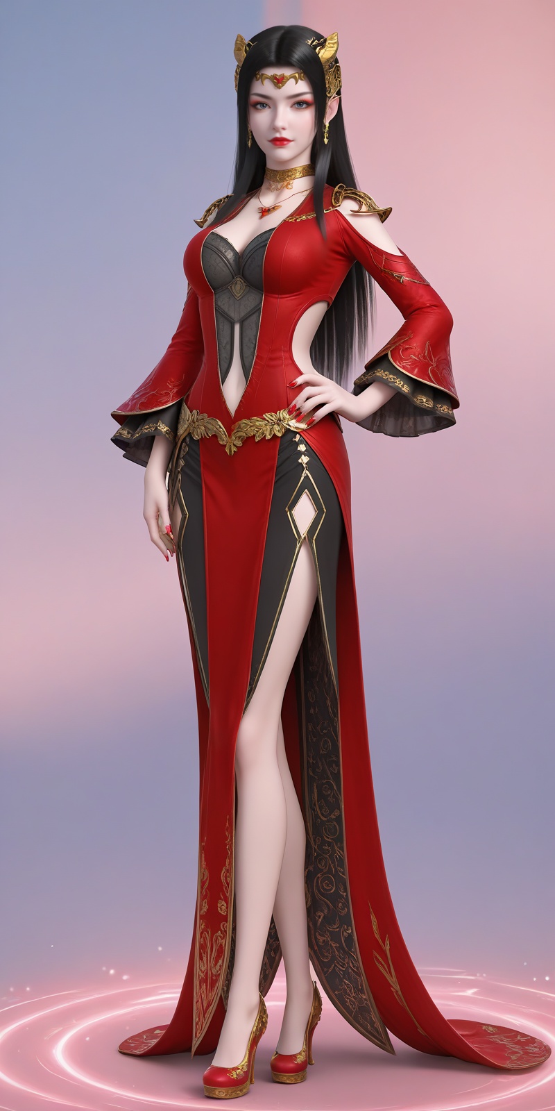<lora:美杜莎pony-000013:0.6>,meidusha,1girl,solo,jewelry,dress,black hair,red dress,full body,clothing cutout,long hair,earrings,hand on own hip,red footwear,breasts,high heels,red nails,necklace,navel cutout,hair ornament,standing,looking at viewer,navel,depth of field,masterpiece,best quality,very aesthetic,2024,2023,perfect composition,ultra-detailed,extreme aesthetic,(quasarcake:0.7),masterpiece,best quality,good quality,newest,year 2024,year 2023,very aesthetic,absurdres,looking_at_viewer,colorful,