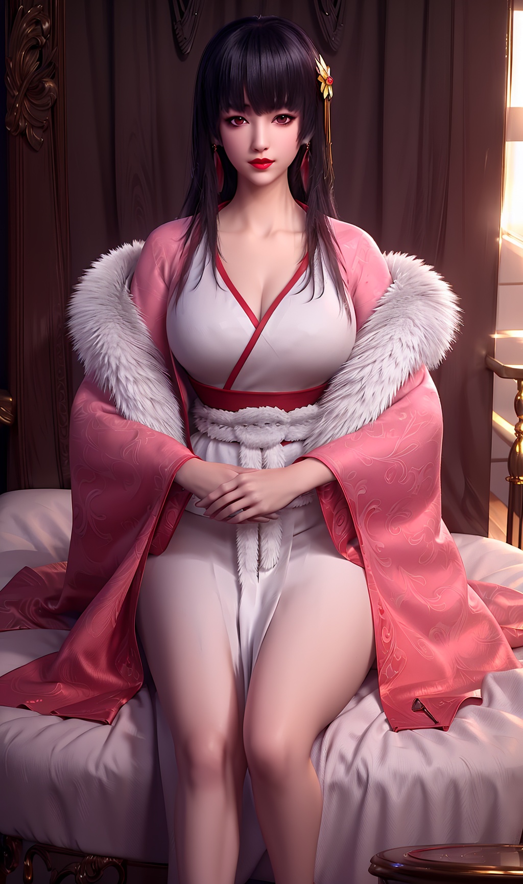 3D,masterpiece,(best quality),(makeup),official art, extremely detailed cg 8k wallpaper,((crystalstexture skin)), (extremely delicate and beautiful),(highly detailed),(face),(closed_mouth),(1girl), (solo), (jewelry), (earrings),(black_hair),(long_hair),(hair_ornament),(handwear),(breasts),((sitting)),((upper_body)),(dress),(skirt),(shiny_clothes),(city,outdoor,bed),(multicolored_clothes),(multicolored_dress),,(sash),(coat),,(mink_cashmere),(shawl),,(long_legs),,((looking_at_viewer)),((Facing the camera)),, <lora:hipoly3DModelLora_v10:0.3>