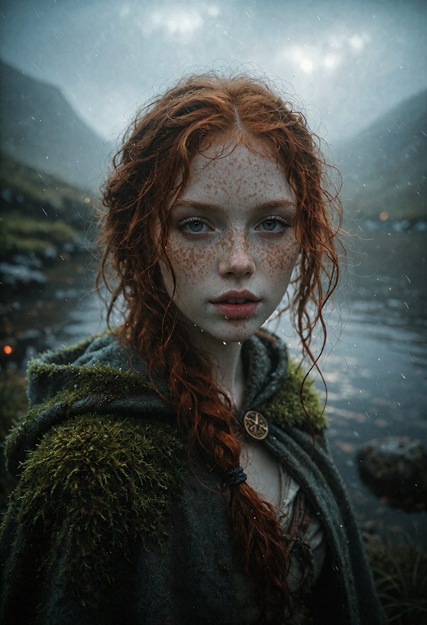 a woman with pale freckled skin and wild red hair,  wearing a moss-green cloak,  standing at the edge of a misty highland...