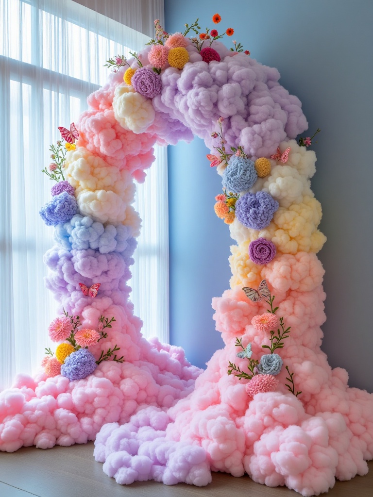 A vibrant photograph of a whimsical, cloud-**** archway **** of pastel-colored cotton candy, adorned with colorful flowers and butterflies. The archway is set against a light blue wall with sheer white curtains. The soft, fluffy textures and pastel hues create a dreamy, ethereal atmosphere. 