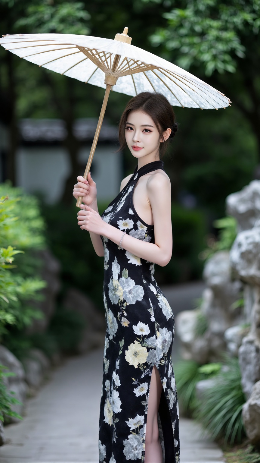 natural light, colored photo, large aperture, blurred background, clear subject, foreground person, blurred garden, rule of thirds, right side, a girl, black cheongsam, white grey flowers, smooth material, no headwear, natural hair, standing, holding paper umbrella, elegant posture, smiling, gentle eyes, confident, serene, Chinese garden, green plants, stone mountains, top lighting, soft shadows, rich colors, detailed, fine skin texture, photorealistic, 8K resolution, sharp focus