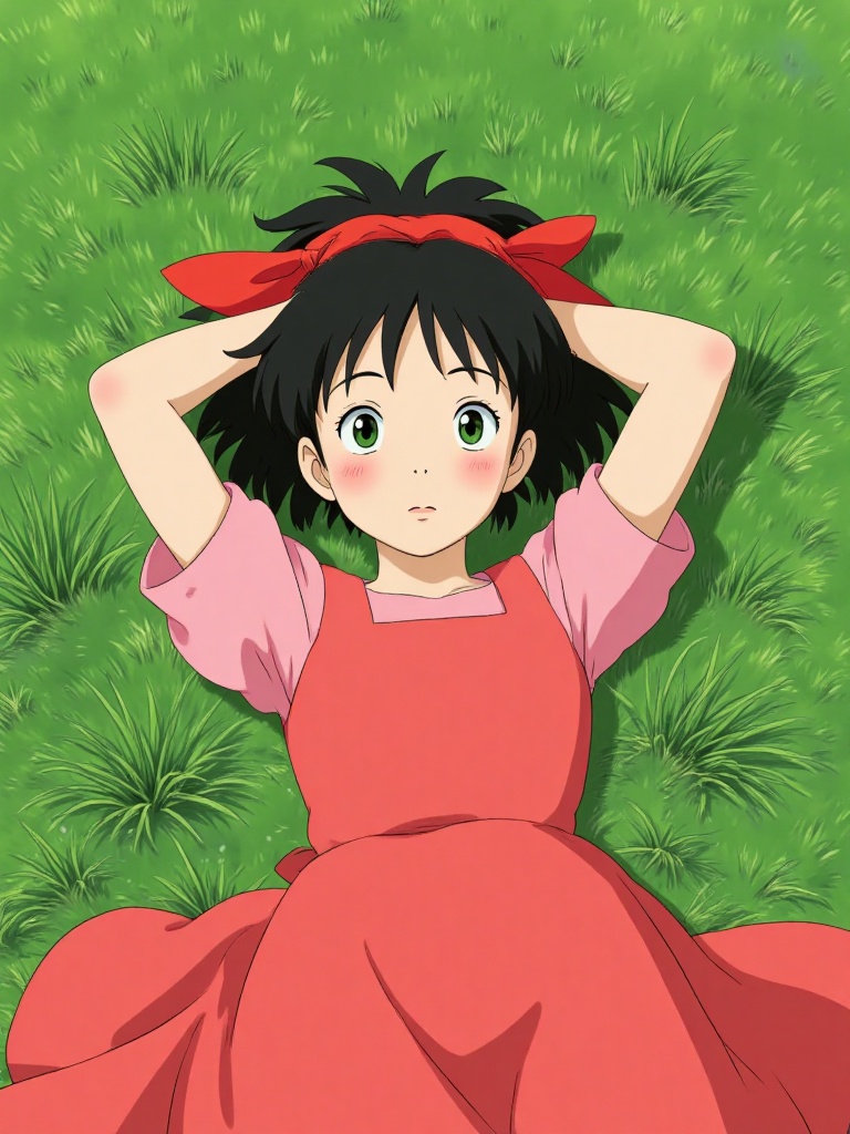 cpppppi, sfw, 1girl, red bow, short hair, on back, looking at viewer, short sleeves, bow, grass, solo, arms behind head, on grass, black hair, hair bow, the secret world of arrietty, arms up, lying, pink dress, dress, the secret world of arrietty (movie), 1980s (style), dress overalls, green eyes, black eyes, looking up, overalls, hairband, 1other . Ghibli character style,