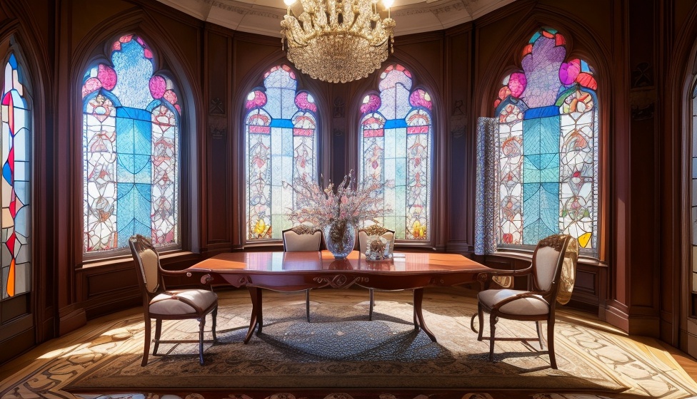 1room, blanket, chair, chandelier, cup, europeroom, huali, indoors, no humans, pillow, scenery, stained glass, table, tree, vase ,<lora:SD1.5_Europeroom1.28:0.6>