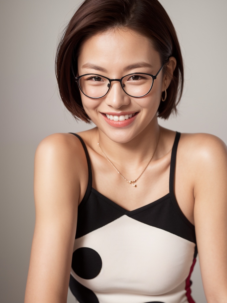 1girl, solo, glasses, earrings, jewelry, black hair, realistic, smile, lips, looking at viewer, grin, short hair, upper body, black eyes, teeth, ponytails