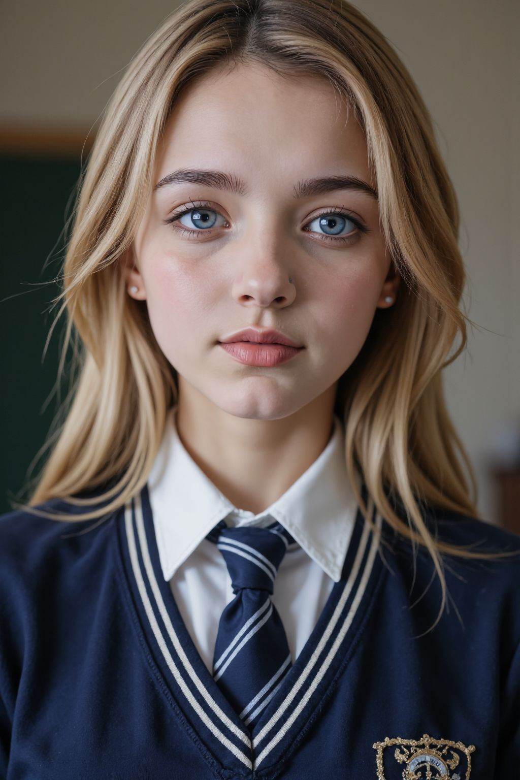 HDR photo of cinematic film still 18 yeas old girl, blonde hair, blue eyes, looking at viewer, realistic, solo, school uniform, simple background,