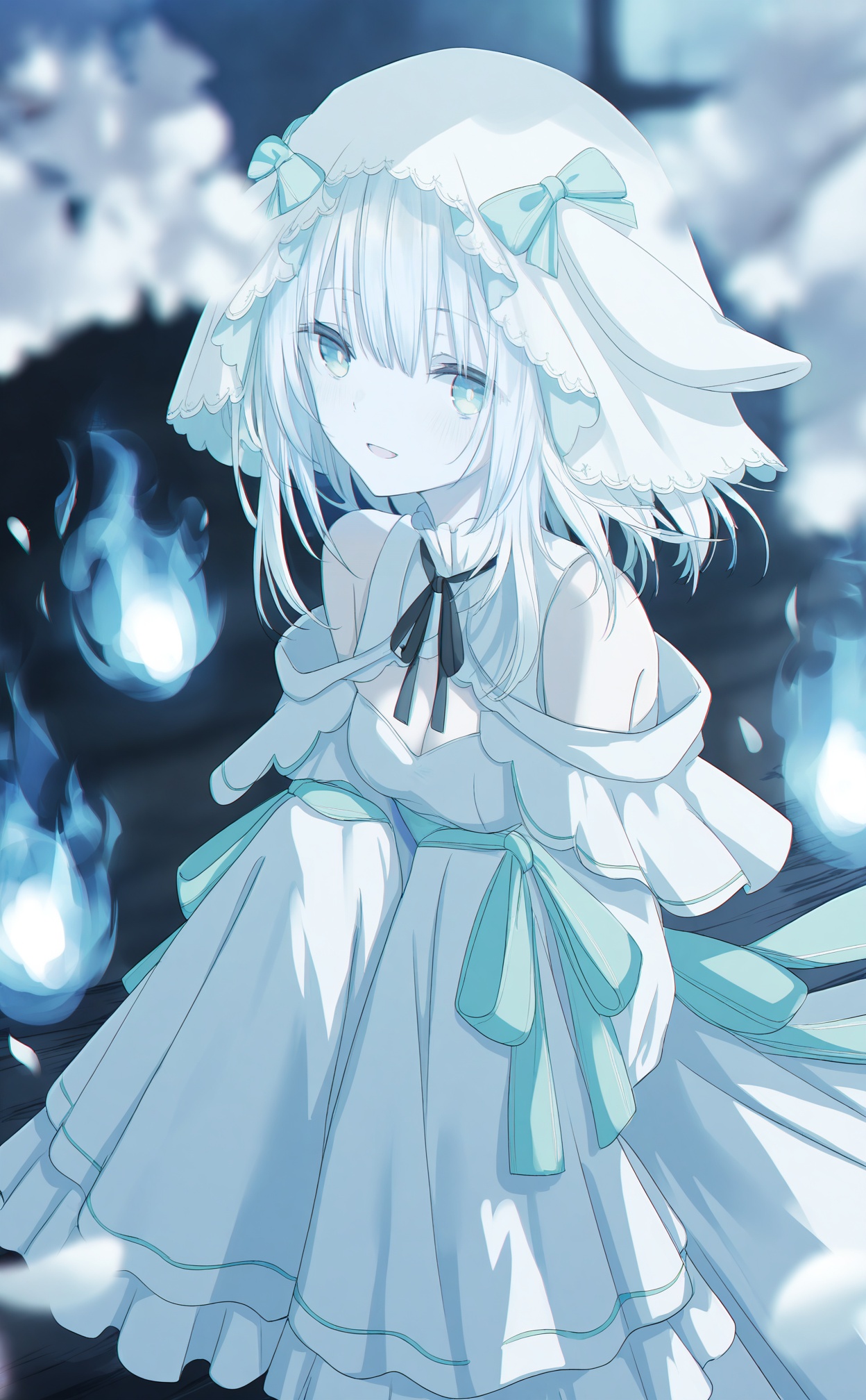 masterpiece,highres,absurdres,newest,best quality,loli,petite,high quality,chromatic_aberration,shiny_skin,//,1girl, blue_fire, white_hair, looking_at_viewer, white_capelet, hitodama, ribbon, sleeves_past_fingers, dress, green_eyes, capelet, bow, pale_skin, blurry, blurry_foreground, sleeves_past_wrists, ghost, fire, white_headwear, medium_hair, virtual_youtuber, solo, white_dress, neck_ribbon, long_sleeves, smile, open_mouth, veil, black_ribbon, blue_theme//,medium breasts,bouncing breasts,cleavage,bare shoulders,//,<lora:aestivation——【noob】hans:1>,