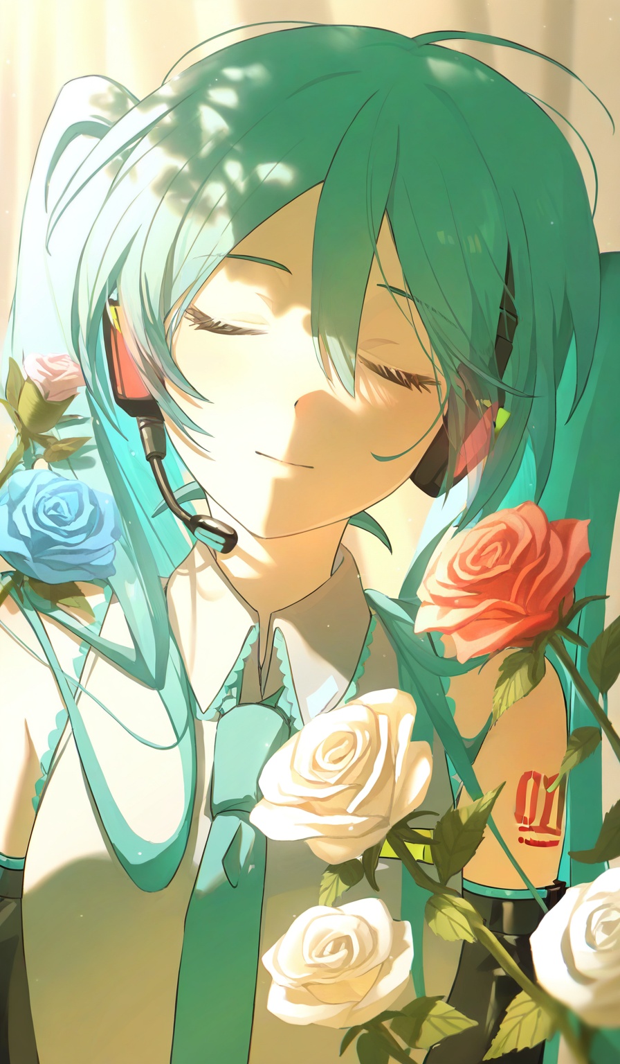 <lora:konya666 (5):1>,highres,absurdres,newest,very awa,masterpiece,best quality,year 2024,\,SenSen,1girl,solo,hatsune miku,flower,rose,long hair,twintails,closed eyes,white flower,shirt,headset,blue flower,pink flower,pink rose,red flower,aqua hair,collared shirt,hair between eyes,upper body,necktie,blue rose,facing viewer,light particles,headphones,sleeveless,white rose,sleeveless shirt,red rose,sunlight,curtains,grey shirt,detached sleeves,sidelighting,blurry,leaf,white shirt,dutch angle,