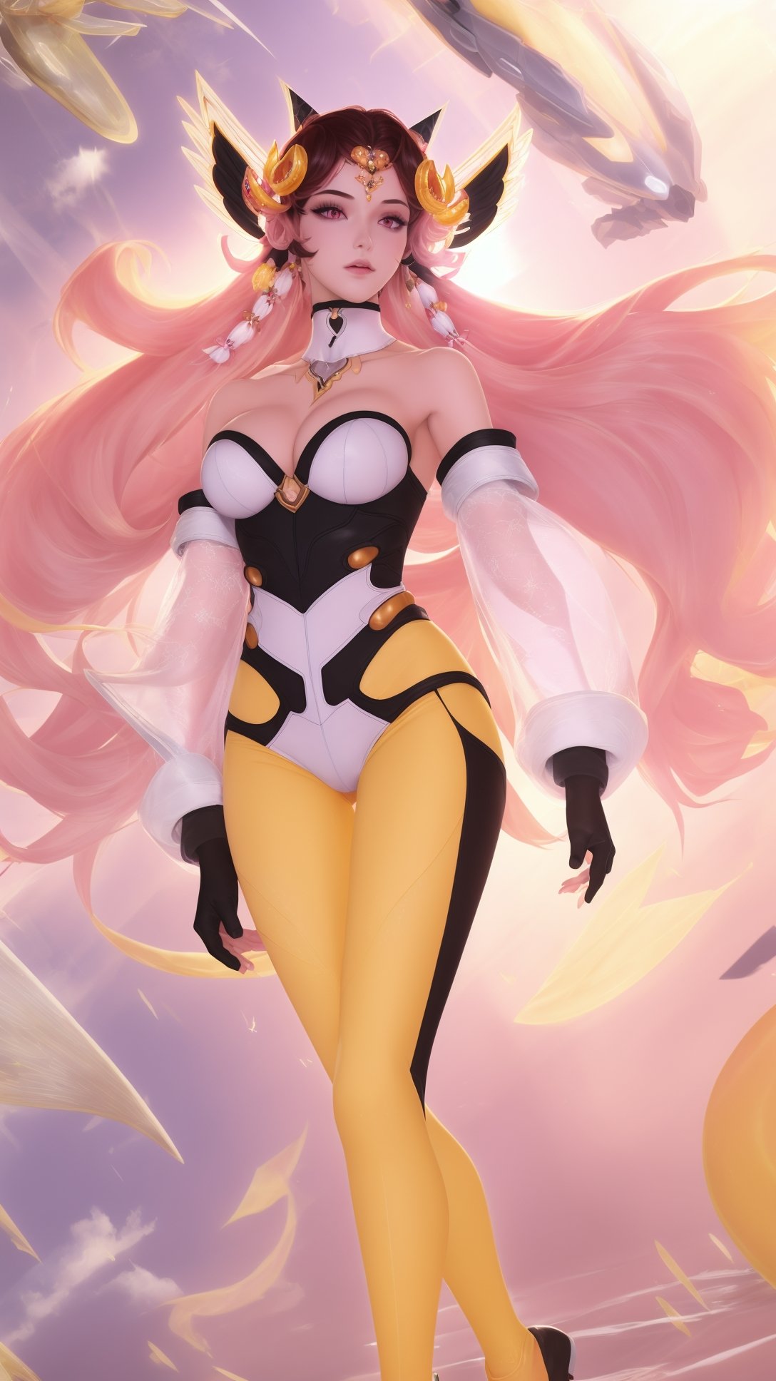 (1girl),smooth chin,masterpiece,detailed face,((hair ornament:1.6)),top quality,4k,make up,best quality,(detached sleeves),(medium breasts),blush,body blush,<lora:王者虞姬无限倾慕_v1.0:0.9>,(full body,long legs),black gloves,full bvody highleg leotard,yellow pants,white see-through sleeves,white mixed black edge clothes,(white bra),pink eyes,bare shoulders,headgear,