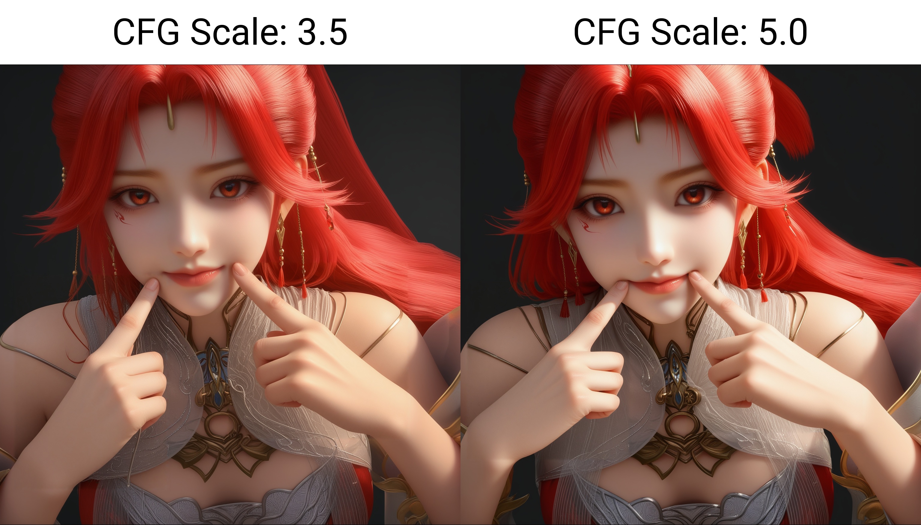 masterpiece,best quality,absurdres,highres,1girl,solo,<lora:火允儿-ill:0.85>,huoyuner,red hair,long hair,high ponytail,makeup,BREAKcollarbone,sheer overlay,bare shoulders,sheer collar,high collar,jewelry,hair ornament,dangling earrings,red gemstone,forehead decoration,detached sleeves,fantasy dress,looking at viewer,front view,(fingersmile:1.1),BREAK(white_skin:1.1),(fair_skin:1.1),simple background,black background,