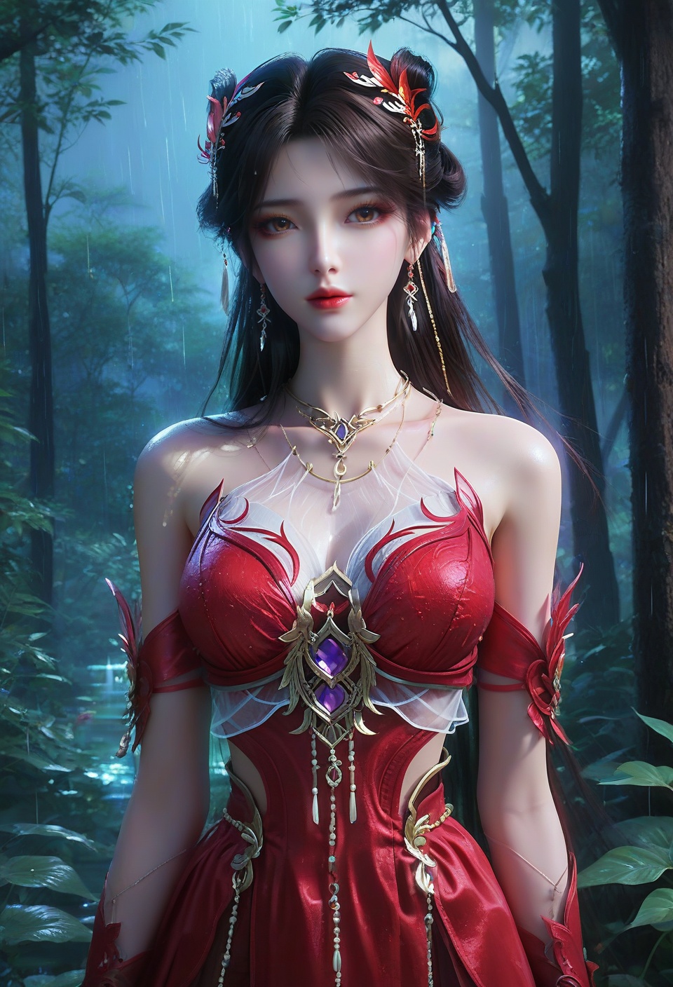 score_9,score_8_up,score_7_up,break.,china dlrb,China girl,mole,1girl,solo,looking at viewer,(sedimentary layer contrast:1.4@z0.7-1.0),black hair,purple and brown (nm style),1girl,solo,looking at viewer,magic forest,facial,ambient lighting,(girl at x0,y1:1.4),fairy,(rain （环境氛围） beyond z0.7:1.6),(neon lights details:1.3@z0.7-1.0),neon lights,vampire,china,dress,<lora:18完美世界火灵儿红裙:0.8>,