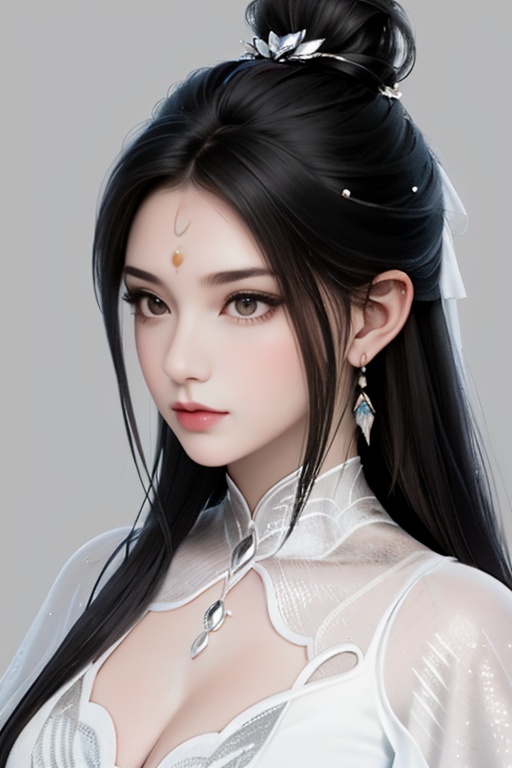 1girl,portrait,simple background,black hair,hair ornament,dress,jewelry,closed mouth,earrings,grey background,white dress,looking to the side,single hair bun,forehead mark,realistic,catfish bangs,hair down to chest,very long hair,<lora:lbc_luxueqi_240331_v1.1-000009:0.9>,