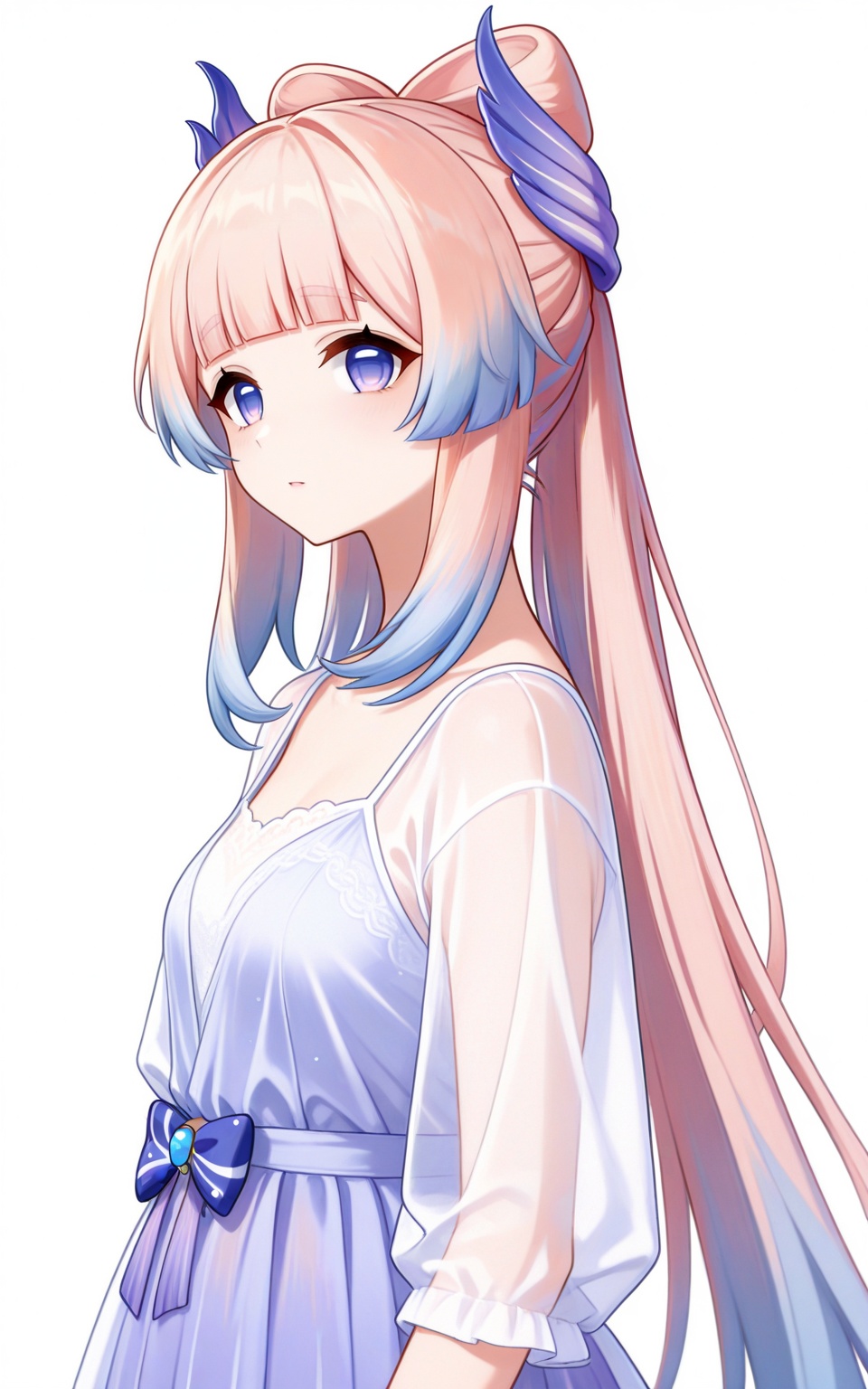 depth of field,masterpiece,best quality,very aesthetic,alternate costume,alternate costume,2024,2023,perfect composition,ultra-detailed,extreme aesthetic,masterpiece,best quality,good quality,newest,year 2024,year 2023,very aesthetic,absurdres,looking_at_viewer,colorful,white_background,simple background,upper_body,see-through,dress,<lora:心海·衣服百搭款ILL:0.8>,sangonomiya kokomi,pink hair,multicolored hair,gradient hair,blue hair,blunt bangs,bow-shaped hair,purple eyes,hair ornament,sidelocks,