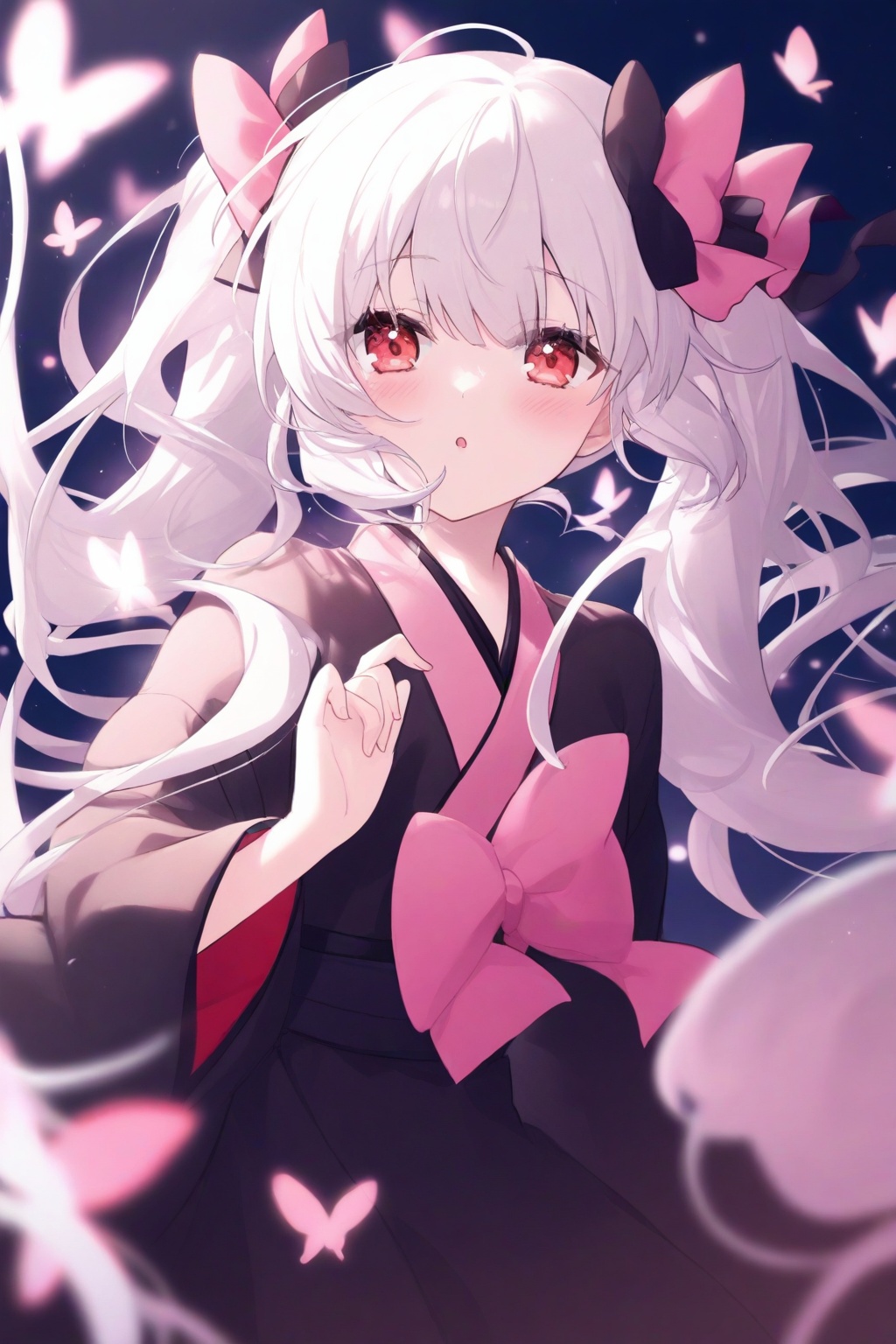 1girl, solo, long hair, looking at viewer, blush, bangs, red eyes, long sleeves, bow, twintails, very long hair, upper body, white hair, hair bow, parted lips, japanese clothes, kimono, blurry, :o, black dress, black bow, floating hair, depth of field, animal, bug, pink bow, butterfly, black kimono <lora:light_cyan-000023:1>