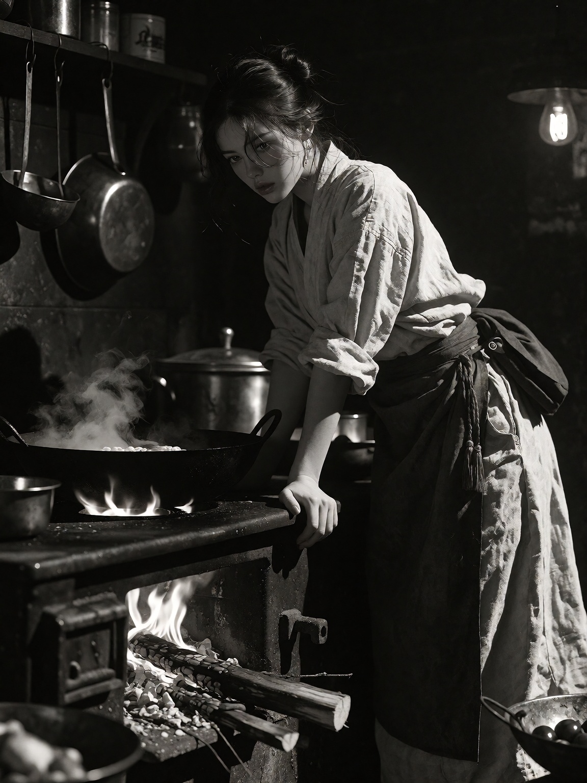 A 1920s hong kong fisherwoman leaning on the stove with modest linen outfit,  loose bun,  a wok steaming from cooking on T...