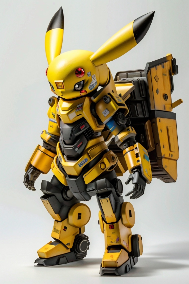 ((HRD, HUD, 8K)),((masterpiece, best quality)), highly detailed, soft light,Mecha, pikachu, no humans, robot, standing, solo, pokemon (creature), mecha, science fiction, straight-on, black eyes, :3, grey background, mechanization, full body, simple background,﻿﻿ <lora:20240427-1714184585124:0.7>