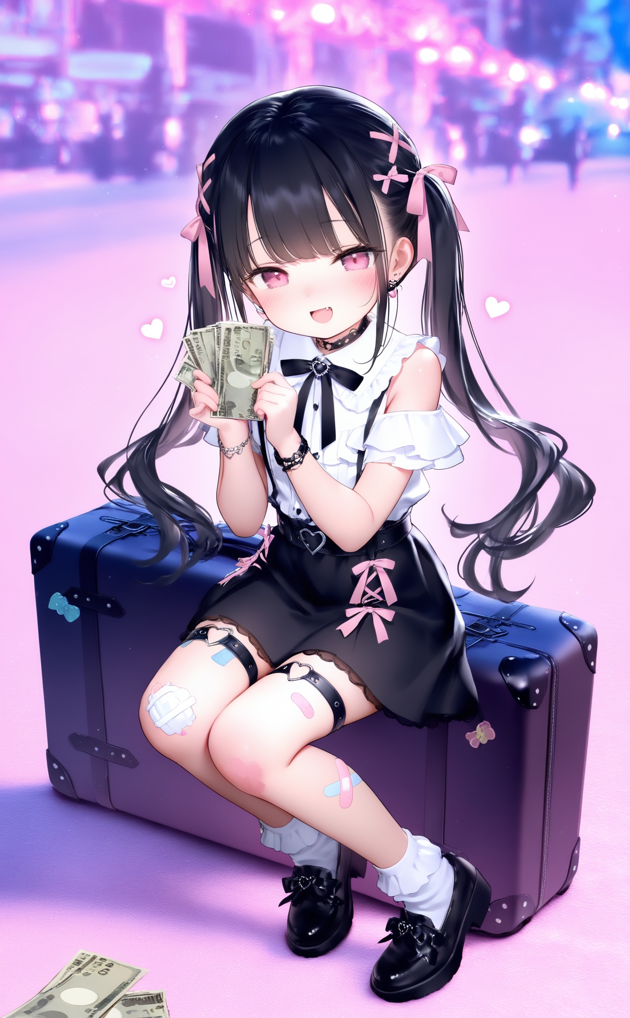 masterpiece,best quality,high quality,loli,chromatic_aberration,Blue Theme,//,1girl,money,solo,pink background,long hair,skirt,black hair,twintails,sitting,black footwear,shirt,socks,bow,black skirt,simple background,looking at viewer,white shirt,white socks,shoes,thigh strap,bandaid,jewelry,smile,open mouth,bangs,hair bow,full body,holding money,jirai kei,bare shoulders,belt,ribbon,blush,suitcase,very long hair,pink eyes,pink bow,fang,hands up,pink ribbon,bandaid on leg,heart,bracelet,hair ribbon,short sleeves,//,year_2023,year_2024,//,official art,depth of field,detailed light,blurry background,cinematic lighting,ray tracing,ultra detailed,god rays,backlighting,photo background,film grain,chromatic aberration,volumetric lighting,depth of field,blurry background,cinematic lighting,day,very aesthetic,