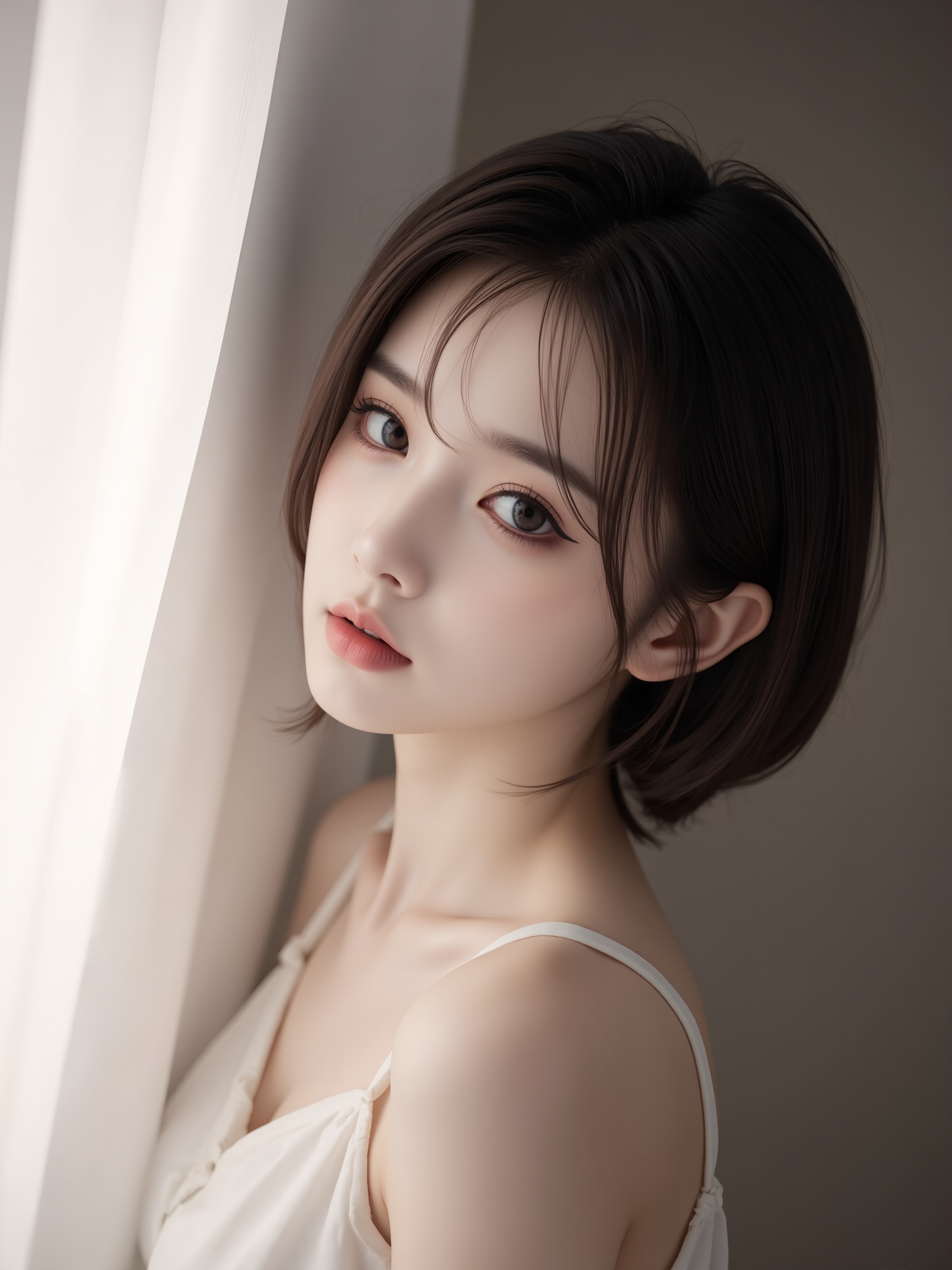 This is a high-resolution photograph featuring a young Asian woman with a fair complexion and delicate features. She has medium-length, straight, dark brown hair that frames her face, with bangs partially covering her forehead. Her large, almond-shaped brown eyes are accentuated by subtle eyeliner and mascara, and her full, pink lips are slightly parted, giving her a soft, pensive expression. She is wearing a sleeveless white top, visible in the upper left corner of the frame, with a smooth, almost silky texture. The background is blurred, consisting of neutral tones that enhance the subject's face and provide a soft, out-of-focus backdrop. The lighting is soft and diffused, highlighting her skin texture and creating a gentle, almost ethereal mood. The photograph captures a moment of quiet contemplation, with the subject turned slightly to the left, gazing directly at the camera, inviting the viewer into her intimate space. The overall composition and lighting emphasize the subject's serene and introspective demeanor.