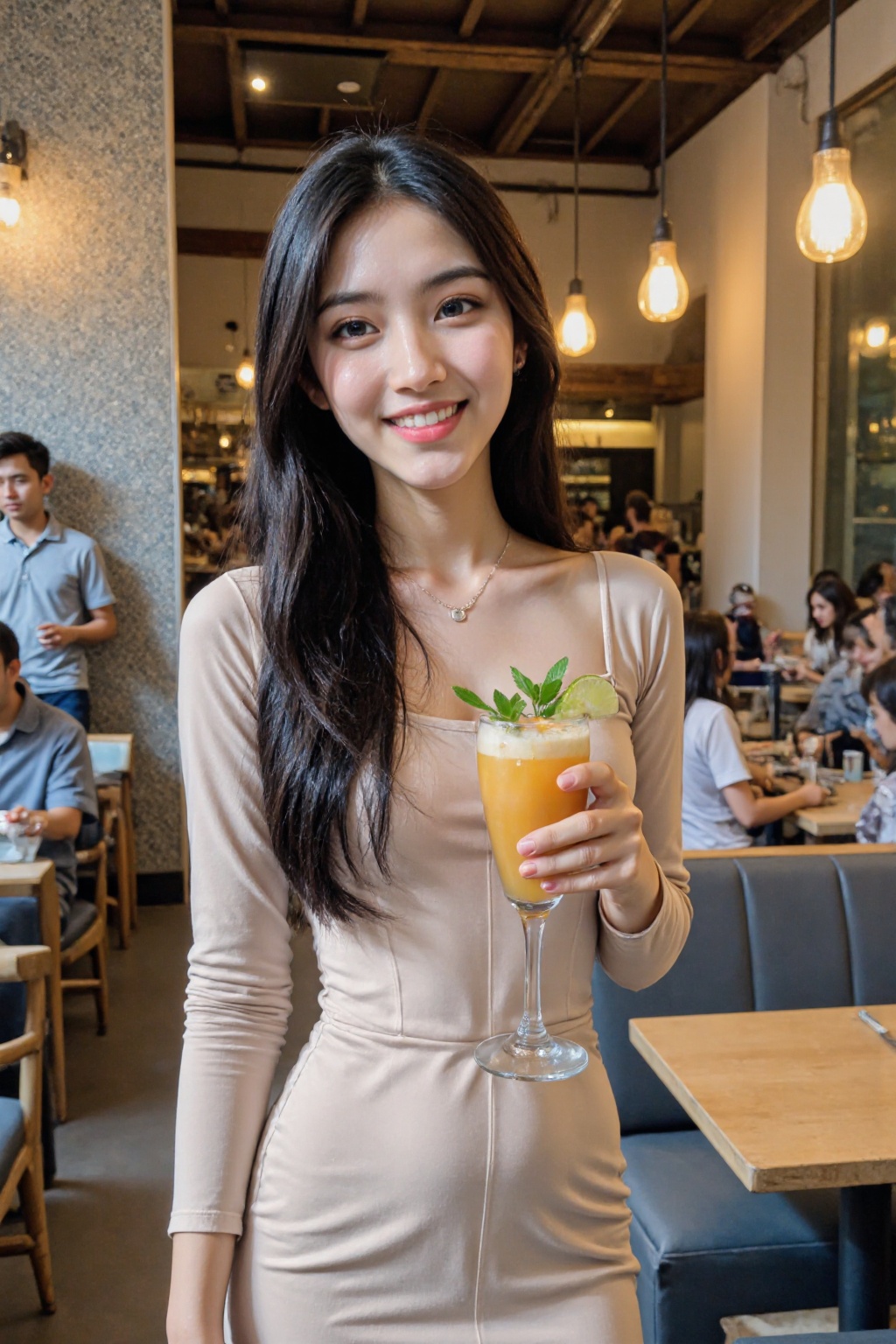 This photograph captures a vibrant, modern restaurant setting with a warm, inviting ambiance. In the foreground, a young woman with long, straight black hair and fair skin smiles directly at the camera. She is wearing a form-fitting, long-sleeved dress that accentuates her slender figure. In her right hand, she holds a tall, clear cocktail glass filled with a light-colored drink garnished with a lime wedge and a green herb sprig. The woman appears to be in her early twenties.In the background, there are several patrons engaged in various activities. A man in a gray polo shirt, likely in his thirties, is seated at a table, intently focused on his smartphone. Another man, also in his thirties, is wearing a white shirt and is engaged in conversation with a woman seated across from him. Both are sitting on padded, gray benches with light wood tables.The restaurant's interior is stylish, with a mix of modern and rustic elements. The walls are adorned with a mosaic pattern of gray and white tiles, and there are pendant lights with warm, yellowish light fixtures hanging from the ceiling. The overall atmosphere is cozy and sophisticated, with a focus on comfort and good food.