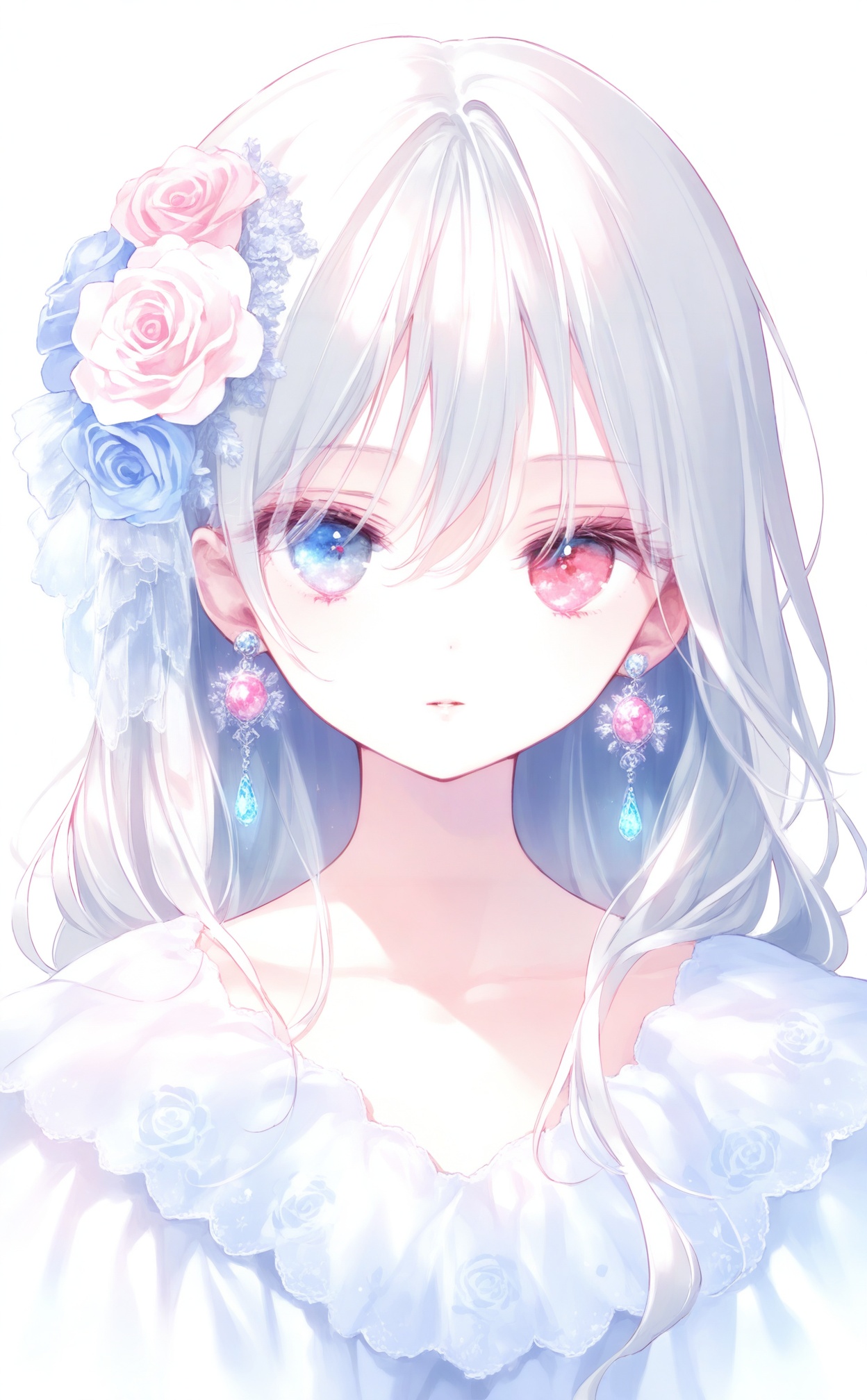 masterpiece,absurdres,best quality,loli,petite,high quality,//,1girl,solo,flower,heterochromia,hair_ornament,hair_flower,blue_eyes,jewelry,earrings,long_hair,red_eyes,looking_at_viewer,rose,white_background,white_hair,blue_flower,simple_background,portrait,white_flower,collarbone,pink_flower,gem,parted_lips,pink_rose,white_rose,expressionless,dress,pink_eyes,blue_rose,closed_mouth,hair_between_eyes,grey_hair,blue_gemstone,//,<lora:chun_paretto2——【noob】hans:1>,
