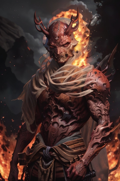 masterpiece,best quality,(8k, RAW photo, best quality, masterpiece:1.2),stunning 8k fashion photo,rsolo,male focus,1boy,red skin,weapon,yecha_xy,hand,monster,solo,fire,cloud,sky,molten rock,yecha_xy,helmet,veil,armor,portrait,horns,