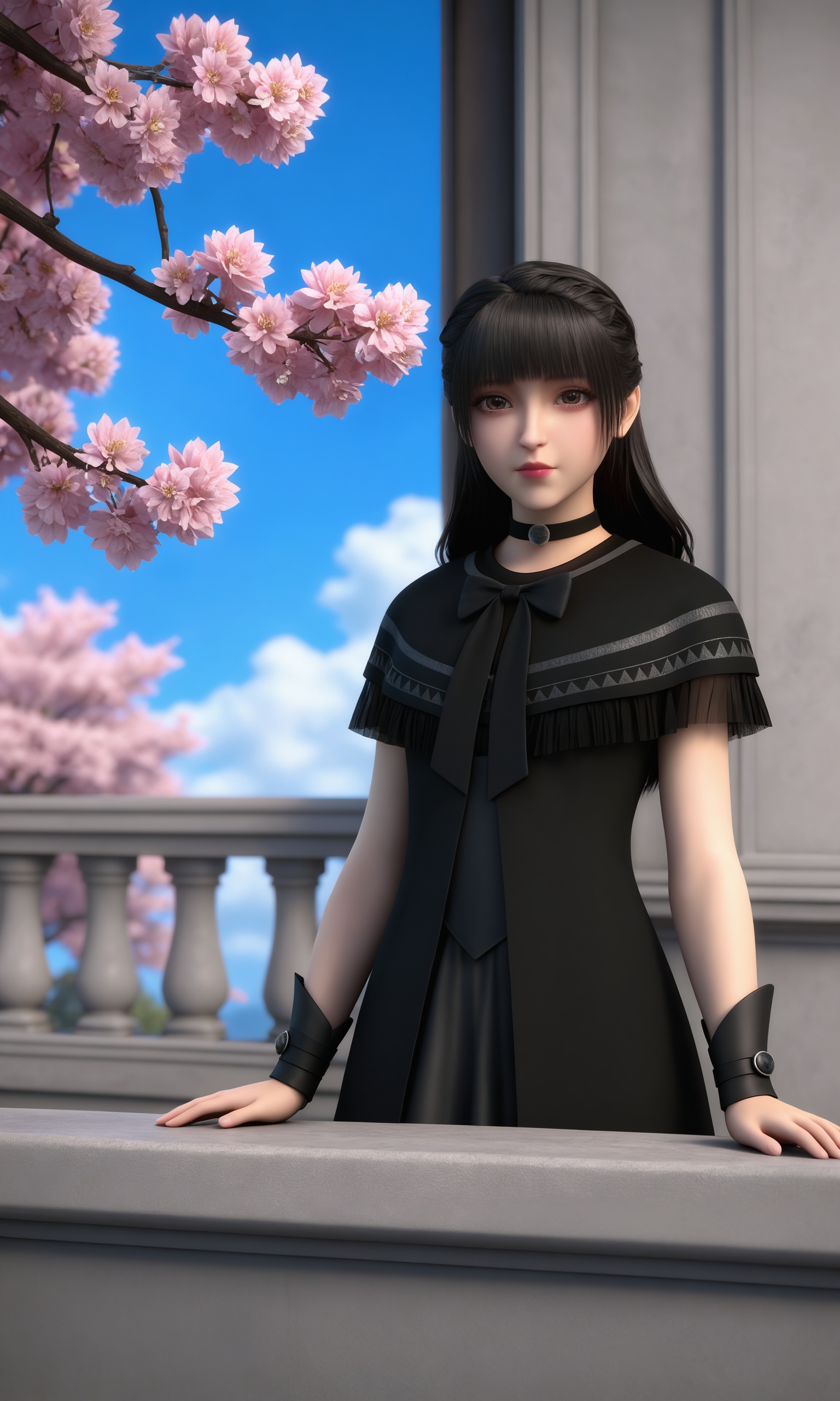 <lora:紫川-紫川宁-黑色睡裙Pony:0.8>,1girl,straight,jet-black hair,bangs,choker and,black,short-sleeved dress,high collar,large bow,flared skirt that ends at mid-thigh,black tights and black flats,, masterpiece,best quality,solo,1girl,upper body,petals,looking at viewer,moon,branch,cherry blossoms,flower,extreme aesthetic,(quasarcake:0.7),masterpiece,best quality,good quality,newest,very aesthetic,absurdres,A shot with tension,(Visual impact,giving the poster a dynamic and visually striking appearance:1.2),impactful picture,offcial art,colorful,splash of color,movie perspective,
