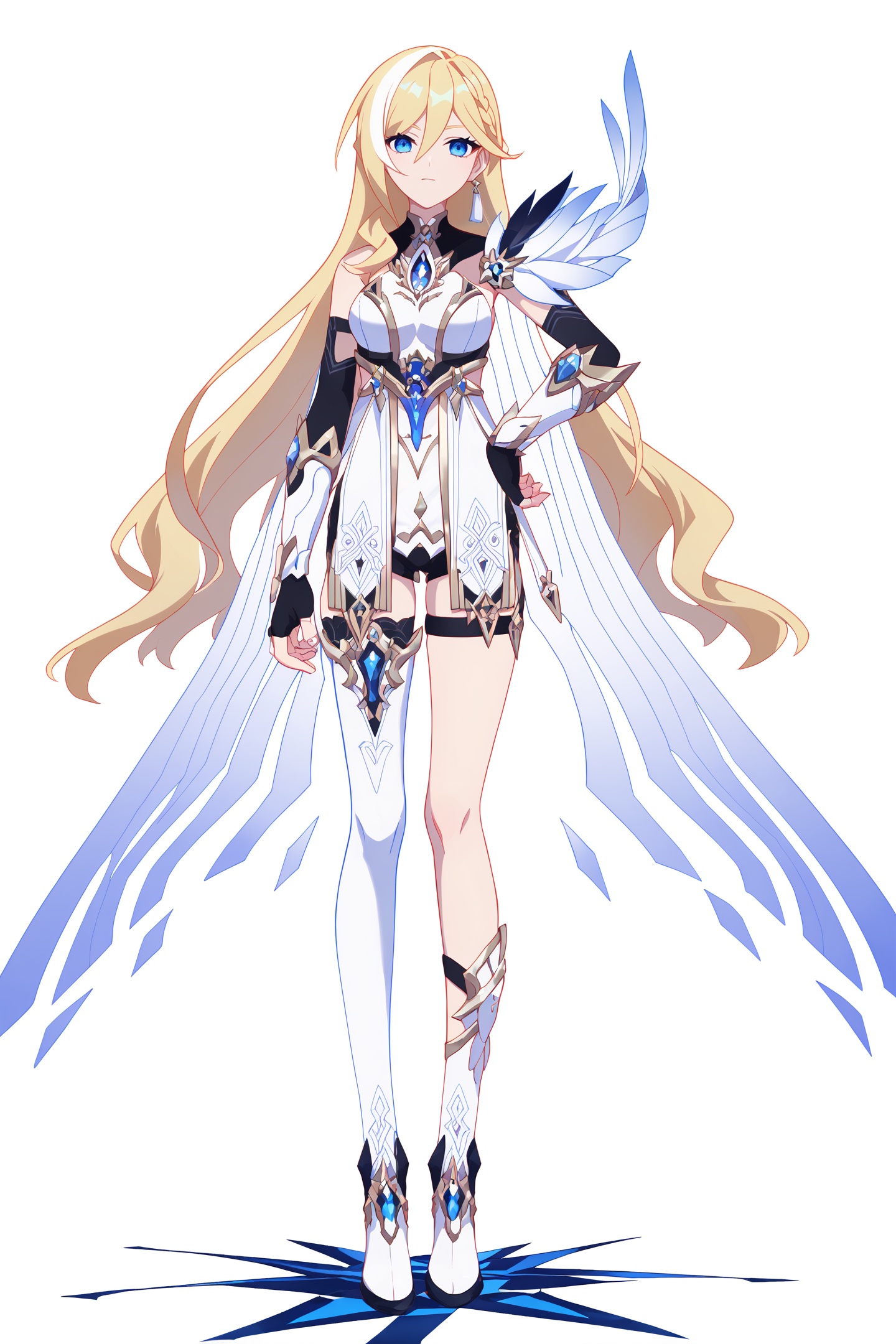 score_9,score_8_up,score_7_up,score_anime,8k,best quality,masterpiece,(ultra-detailed),(high detailed skin),(by nanoless, by misumi \(macaroni\),:0.5),<lora:YLI 0.1v:0.25>,<lora:style1:0.25>,A full-body portrait of a young girl,standing gracefully,pastel art style,high-key lighting,shoujo manga influence,hd quality,delicate details,full body,full shot,standing,looking at viewer,(solo:1.2),simple background,white background,hand on own hip,Digital Deconstruction,Glitch Art,<lora:Durandal-PalatinusEquinox-pony-Tanger:0.8>,Durandal \(Palatinus Equinox\), clothes: white style clothes, white style single thighhigh, white style Durandal, white Feather decoration on the left shoulder, 1girl, long hair, blonde hair, blue eyes,black fingerless gloves,cape,