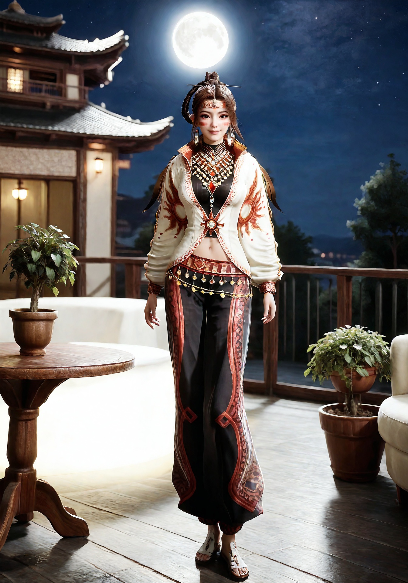 professional 3d model (score_9:1.2), (score_8_up), score_7_up,(((photorealistic))), 4k, sharp and focus,detailed shadows, detailed lighting, detailed background, detailed face, detailed body,<lora:syqiangk_徐T真_第一套_cl80vae:0.8>,xutianzhen_fz1, solo, jewelry, brown hair, necklace, braid, smile, brown eyes, earrings, hair ornament, facepaint, long hair,pants, midriff, navel,  jacket, headdress, skinny thighs, long legs,breasts, (medium breasts), cleavage, cleavage cutout,extremely detailed, girl, bimbo, (lustful), (loving look), horny expression,(shiny skin:1.2),  (wet), (pale skin:1.9), (fair skin:1.9), (white skin:1.6).(up close),(indoors,  east asian architecture, full moon, moon, night,  moonlight,  night sky,  sky,  potted plant,  plant, table, chair),The background features a wooden structure and east asian architecture, possibly a indoors or balcony, with a potted plant and a wooden table. The night sky is clear, with stars visible, and the full moon casts a soft glow, adding a mystical ambiance to the scene.The overall style is hyper-realistic, with attention to fine details such as skin texture, clothing folds, and lighting effects, creating a vivid and immersive visual experience.cowboy shot, (medium shot). standing, (sideways),  looking at viewer . octane render, highly detailed, volumetric, dramatic lighting