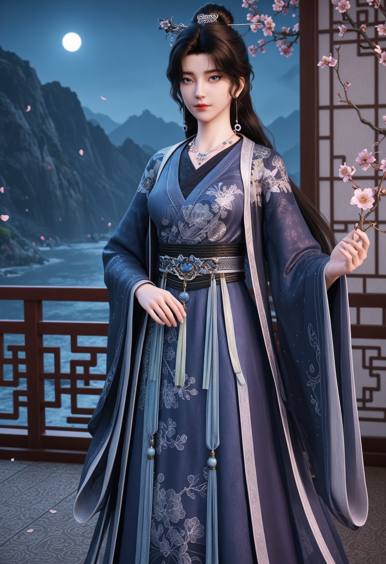 (standing full_body:1.1),(looking at viewer:1.1),masterpiece,(best quality),smog,Dark room,dim lighting,peach blossom,falling petals,<lora:YQ_Illustrious光辉v5_宋馀_长春宫长老_V1:0.8>,q1528437228,1girl,solo,long hair,black hair,jewelry,necklace,earrings,hair ornament,chinese clothes,hair bun,hair stick,long sleeves,hanfu,blue eyes,wide sleeves,sash,dress,single hair bun,brown hair,blue dress,