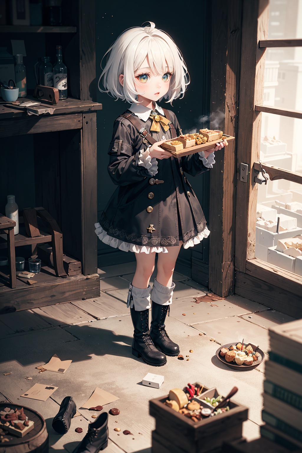 Felt effect, made of felt boy, solo, short hair, big eyes, white hair, boots, food, Mini, theme fantasy, atmosphere, mysterious yellow, HD, felt material, advanced filter