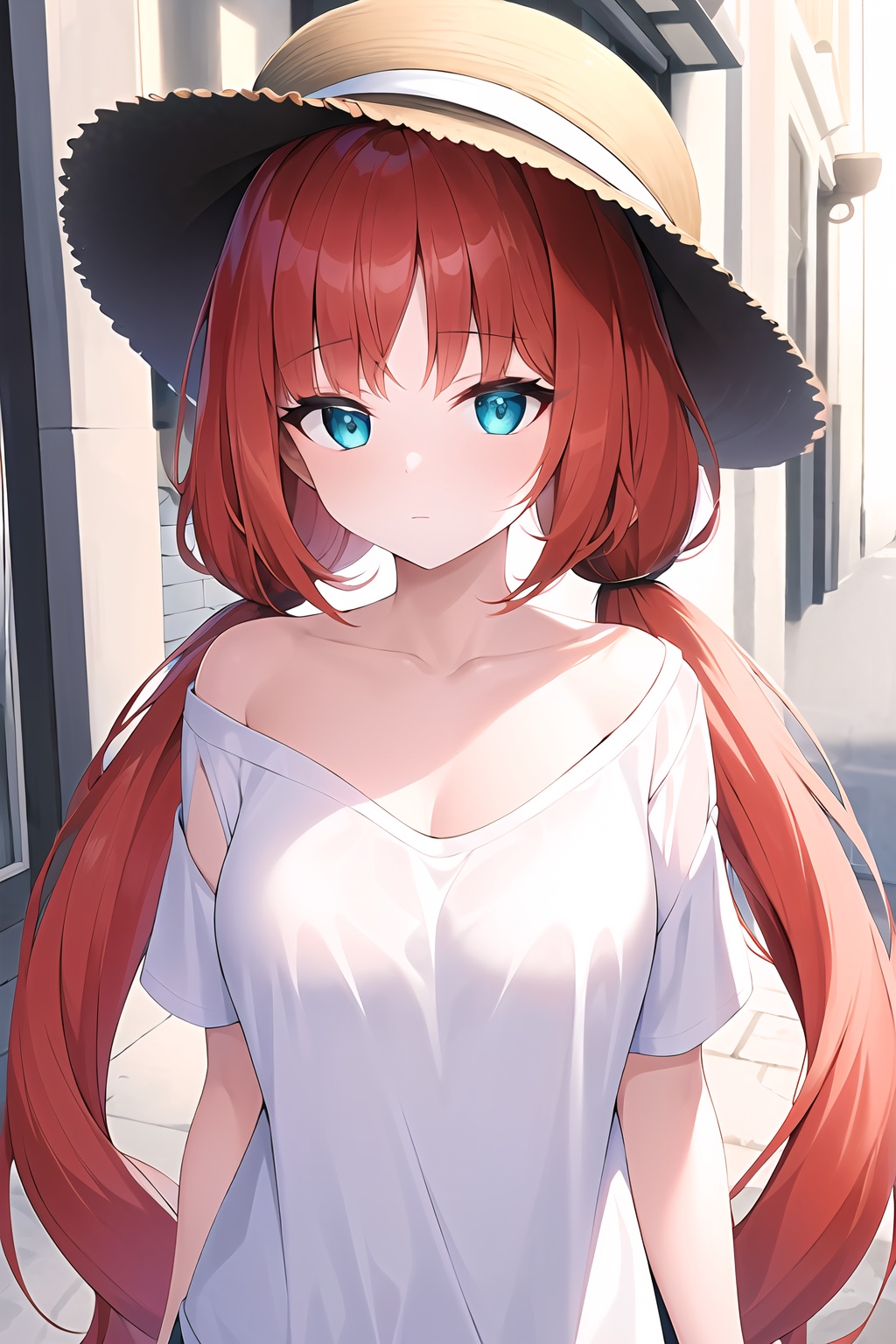 (masterpiece, best quality:1.2),insanely detailed,absurdres,ultra-highres,ultra-detailed,best quality,slender,kawaii,perfect symmetrical face,ultra cute girl,ultra cute face,ultra detailed eyes,ultra cute,ultra beautifu,<lora:nilou-000008:0.6>,nilou \(genshin impact\),1girl,breasts,low twintails,aqua eyes,shirt,white shirt,collarbone,short sleeves,t-shirt,off shoulder,oversized shirt,naked shirt,oversized clothes,standing,street,hat,