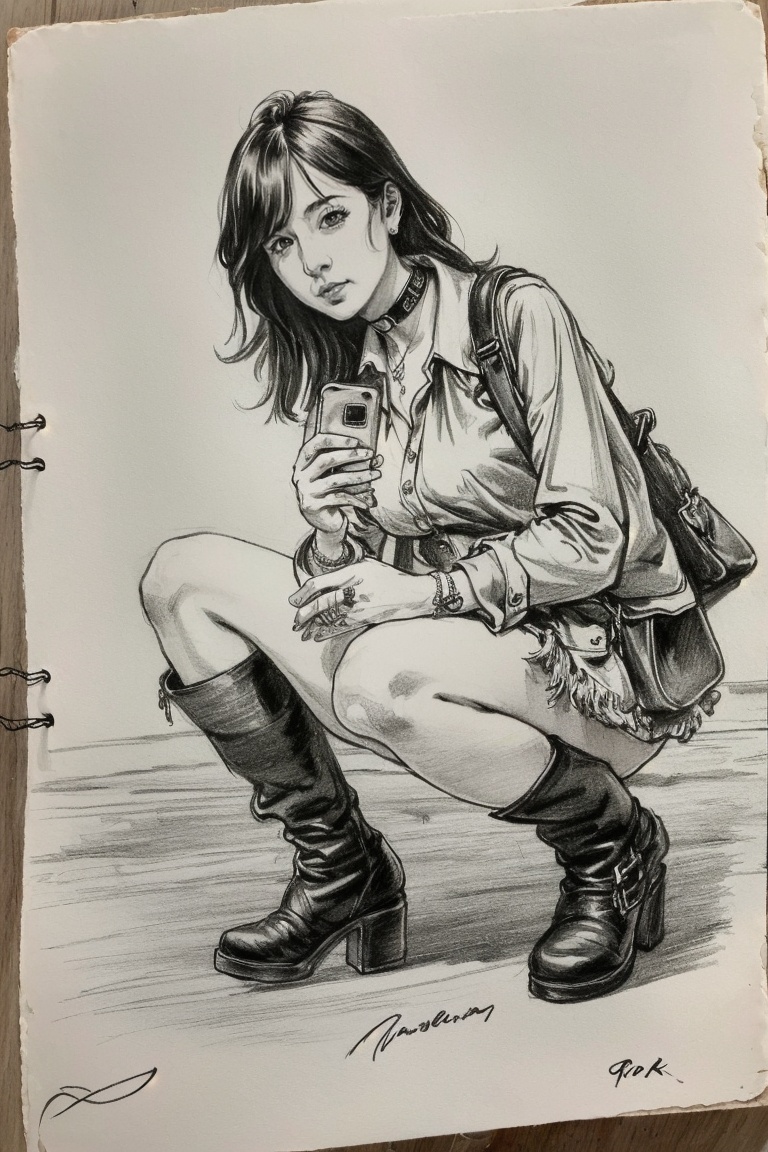 ((HRD, HUD, 8K)),((masterpiece, best quality)), highly detailed, soft light,Sketch, 1girl, solo, monochrome, cellphone, phone, boots, smartphone, squatting, jewelry, greyscale, choker, traditional media, bracelet, tattoo, skirt, signature, bag, handbag, breasts, knee boots,  <lora:20240413-1712999239990:0.8>