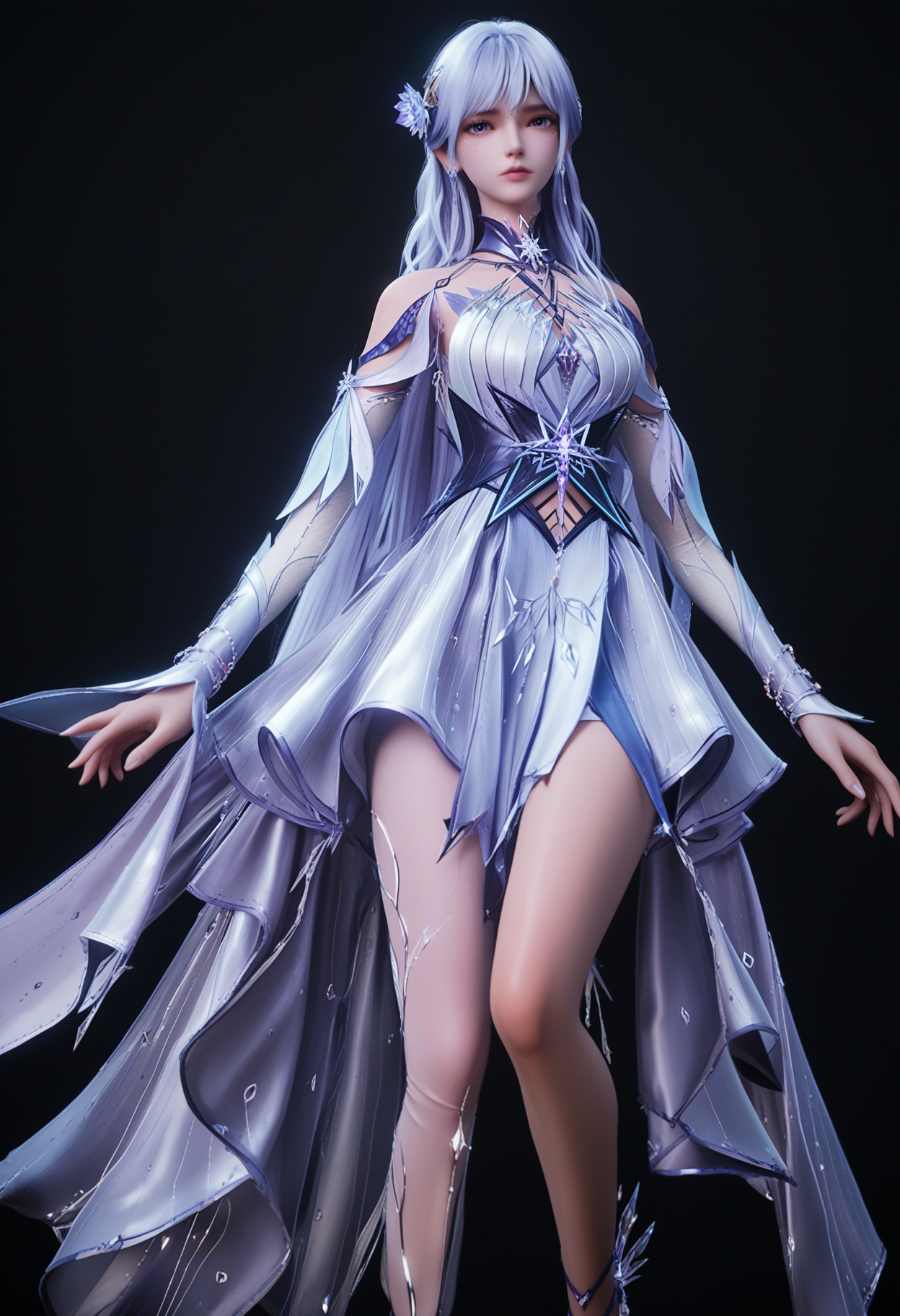 (cowboy shot:1.2),(score_9:1.2),(score_8_up:1.2),(top quality, 8k wallpaper:1.1),(masterpiece:1.1),(best quality:1.2),(intricate details),8k,1girl,facing viewer,(looking at viewer:1.1),<lora:YQ_pony_shengcaier_shenjuanjuexing_V4:0.95:lbw=1,1,1,1,1,1,1,1,1,0.8,0.8,0.1>,q1528437228,1girl,solo,long hair,hair ornament,dress,jewelry,earrings,purple eyes,white hair,blue hair,hair flower,high heels,blue eyes,pantyhose,legs,purple hair,grey hair,BREAK(score_9:1.2),(score_8_up:1.2),masterpiece,best quality,very aesthetic,perfect anatomy,(hourglass),perfect face,(simple background,pure black background,black background:1.1),fair_skin,(shiny_skin:1.1),Ivory_skin,