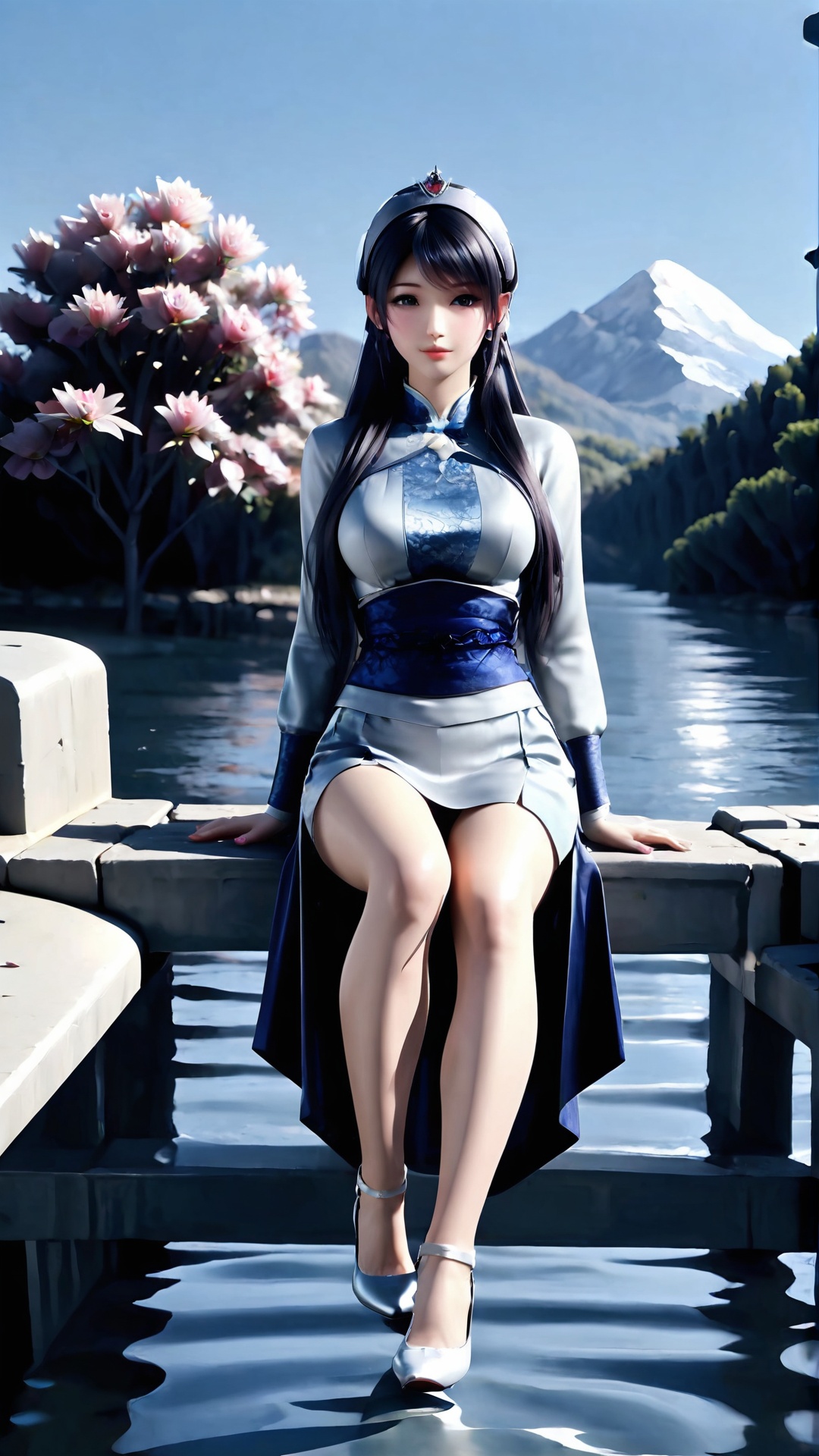 The image shows a young woman sitting on a wooden bridge over a body of water. She is wearing a traditional Chinese dress with a pink and blue color scheme. The dress has a high neckline and long sleeves, and the skirt is flowing in the wind. She has long dark hair that is styled in loose waves and cascades over her shoulders. The woman is wearing silver high heels and has a crown on her head. The background shows a beautiful landscape with mountains and a clear blue sky. There are pink rose petals floating in the air around her, adding a romantic touch to the scene. The overall mood of the image is peaceful and serene.<lora:pony端木蓉:0.8>,