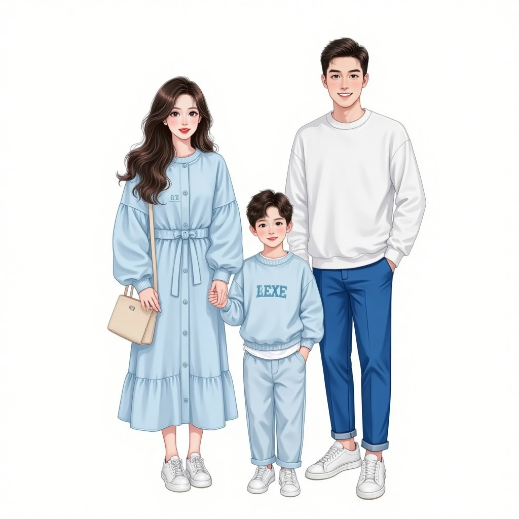 Family photo,mom and dad a son,a girl,wearing light blue line of clothes,all wearing sneakers,