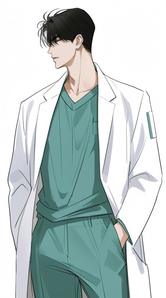 (best quality), ((masterpiece)), (highres), illustration, original, extremely detailed, <lora:男风XL:0.7>male focus, 1boy, solo, black hair, simple background, white background, short hair, hands in pockets, shirt, pants, labcoat, looking to the side, standing, closed mouth, open clothes, green shirt, cowboy shot