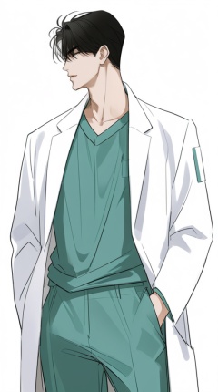 (best quality), ((masterpiece)), (highres), illustration, original, extremely detailed, <lora:男风 XL:0.7>male focus, 1boy, solo, black hair, simple background, white background, short hair, hands in pockets, shirt, pants, labcoat, looking to the side, standing, closed mouth, open clothes, green shirt, cowboy shot