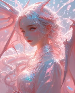 breathtaking masterpiece, best quality, (Anime:1.4), pastel anime dragon girl, slime, wet look, shimmering lights, dragon in background, whirls of vapor, iridescent textures, dragon scales, dragon horns, dragon wings, translucent scales, soft neon pink light, ethereal ambiance, delicate details, magical atmosphere . award-winning, professional, highly detailed