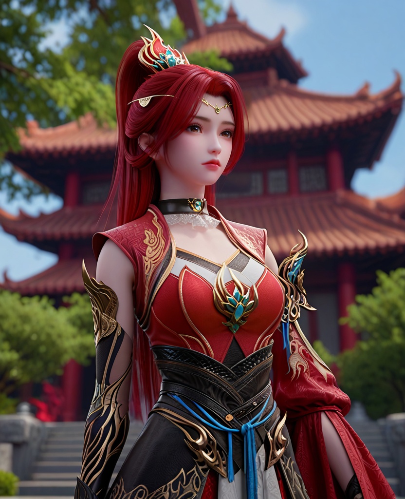 (oriental architecture, elegant decor, sophisticated style:1.1),(Leaning against a tree, looking peaceful,:1.1),looking at viewer,(breasts:1.2),<lora:XL斗破苍穹唐火儿:0.95>,miss tanghuoer,red dress,brown eyes,red hair,ponytail,hair ornament,long hair,choker,asymmetrical sleeves,sash,skirt,, score_9,score_8_up,score_7_up,score_6_up,score_5_up,score_4_up,3d rendering,tag1,tag2, Cinematic Lighting,backlighting,, zPDXL3, zPDXL2,zPDXL, zPDXLxxx, zPDXLrl,