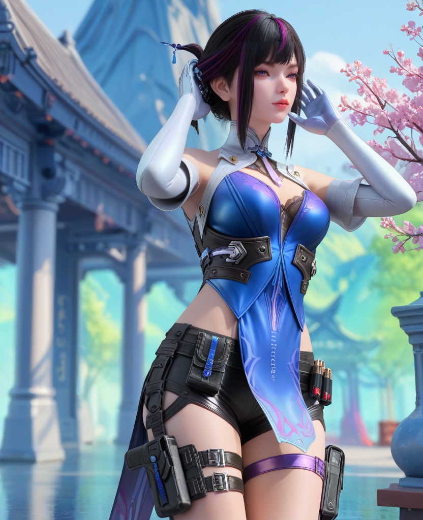 (oriental architecture, elegant decor, sophisticated style:1.1),(Posing with hands on head, fingers interlocked,:1.1),(breasts:1.2),<lora:XL16穿越火线虹儿潜伏者:0.95>,miss honger,blue corset,black lace bra,purple eyes,half updo with sidelocks,black hair,streaked hair,white glove sleeves,white collar,sash,black shorts,blue pelvic curtain,thigh strap,, score_9,score_8_up,score_7_up,score_6_up,score_5_up,score_4_up,3d rendering,tag1,tag2, Cinematic Lighting,backlighting,, zPDXL3, zPDXL2,zPDXL, zPDXLxxx, zPDXLrl,