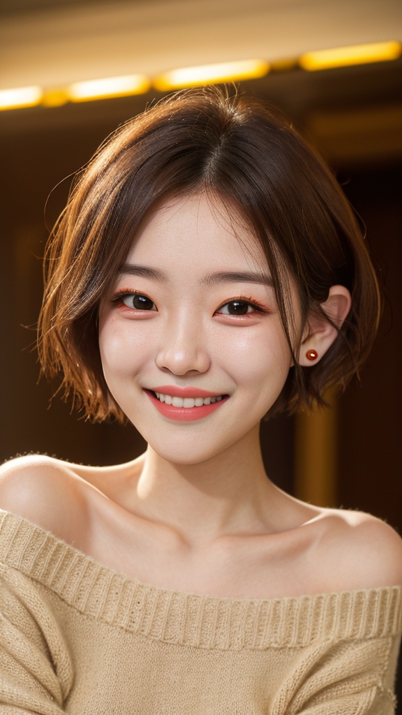 portrait,1girl,available light,face_focus,ear hanging short hair,off-shoulder sweater,smile,<lora:皮肤纹理控制:1>,incredibly absurdres,