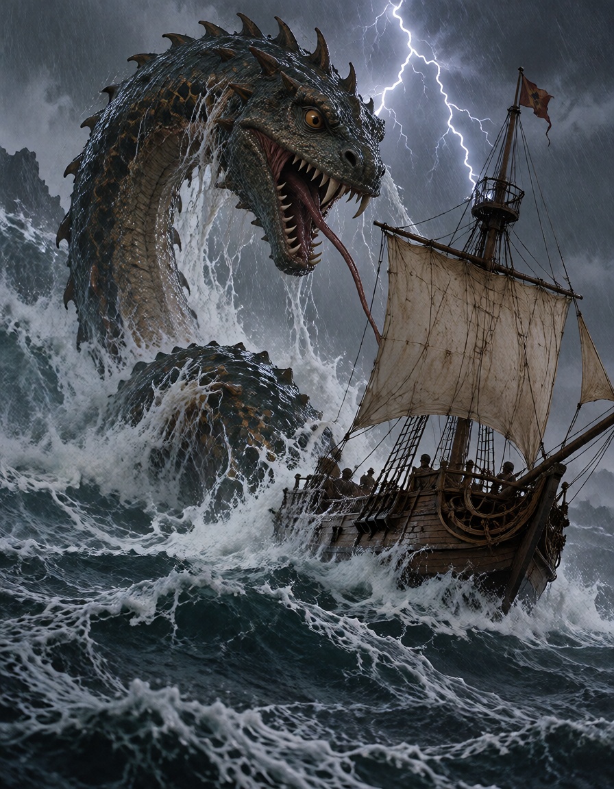 A massive sea serpent attacking a wooden sailing ship during a storm,  detailed miniature ship on a water ****,  articulat...