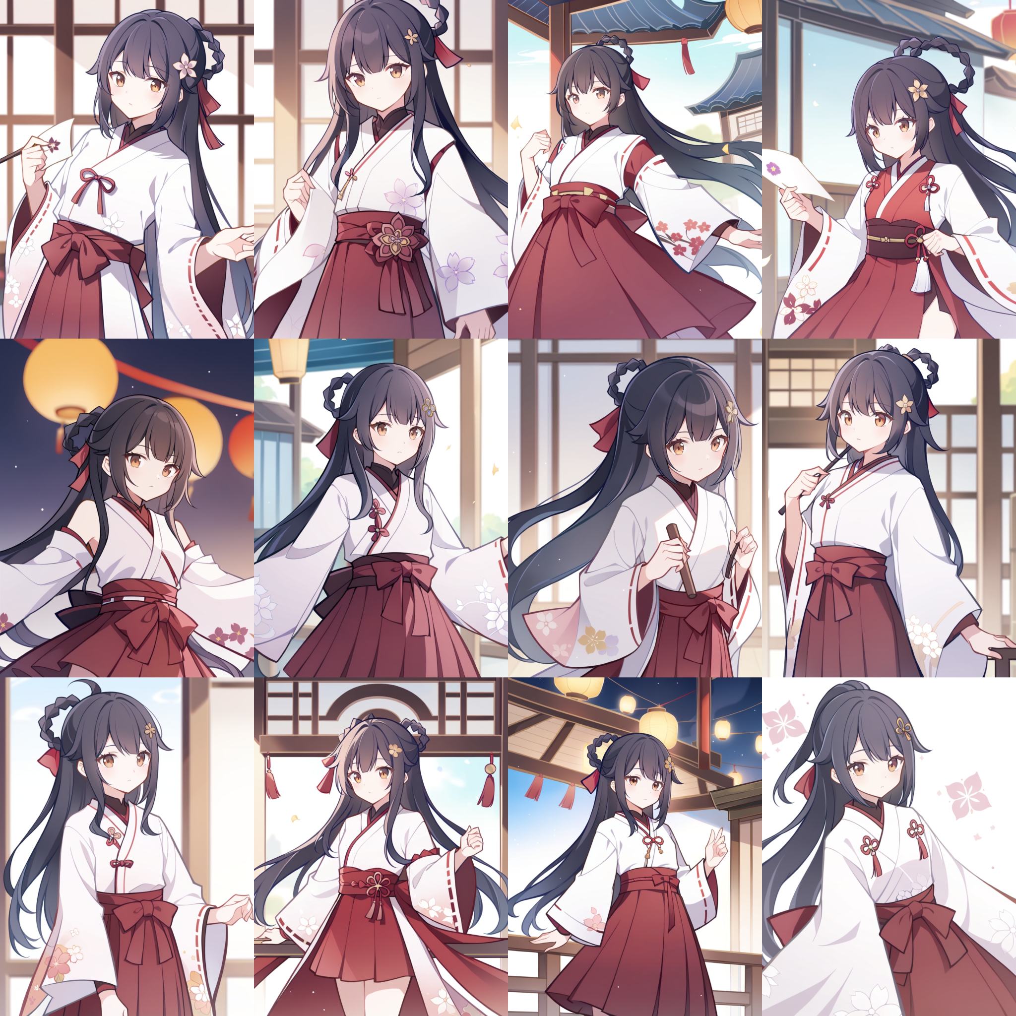 1girl,black_hair,brown_eyes,floral_print,hair_ornament,hair_rings,hakama,hakama_skirt,japanese_clothes,kimono,long_hair,long_sleeves,(miko),red_hakama,skirt,solo,<lora:liyueFP8-000002:0.7>,